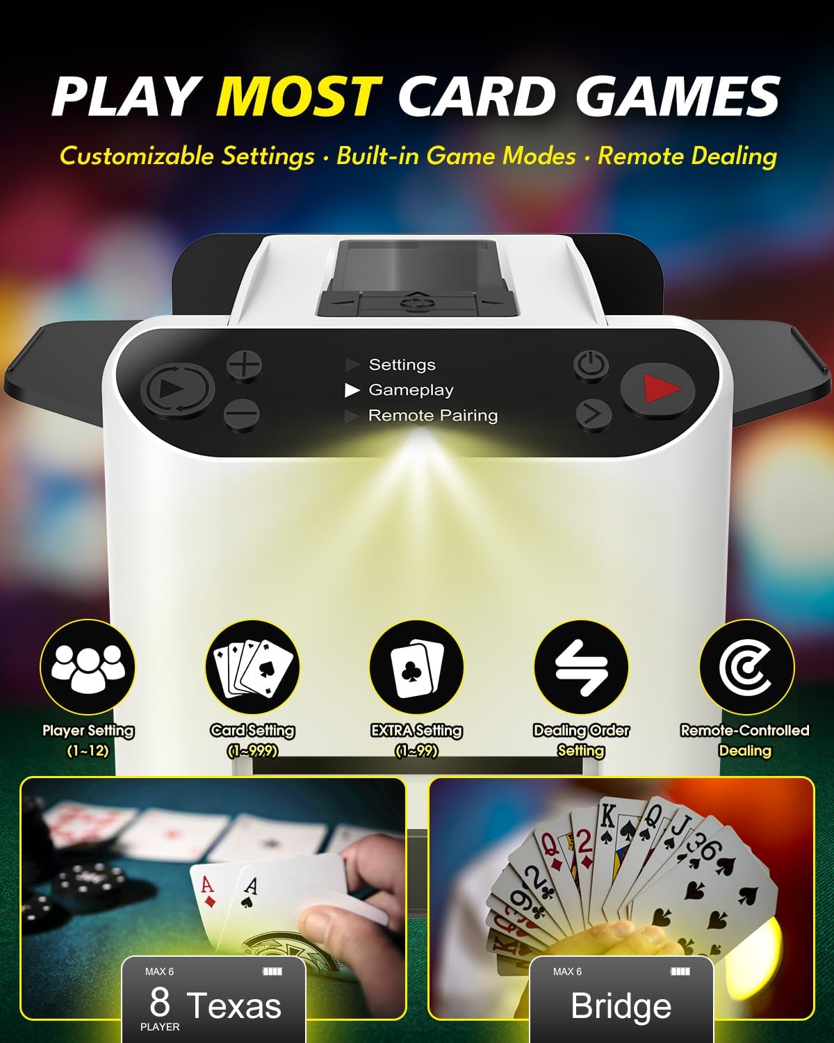 2026 NEW Automatic Card Shuffler and Dealer,3-in-1 Card Shuffler Machine with 4 Drawing Remotes,1-2 Decks Support 12 Players,360°/180° Deal, Rechargeable,for Poker,UNO,Phase 10,Skip-Bo,Texas Hold'em