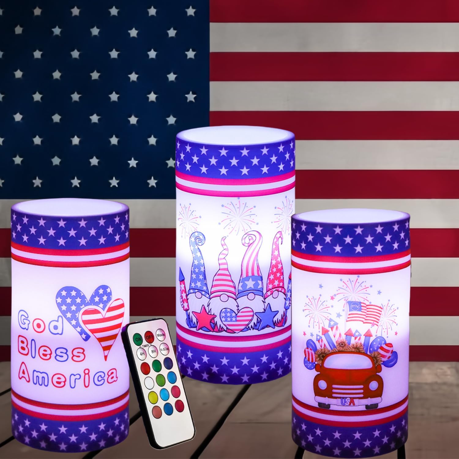 Patriotic American Flag LED Pillar Candles 3Pcs 4th of July Flameless Color Change Candles Lights Battery Operated with Remote Timer for Independence Day Festival Table Decorations, Blue