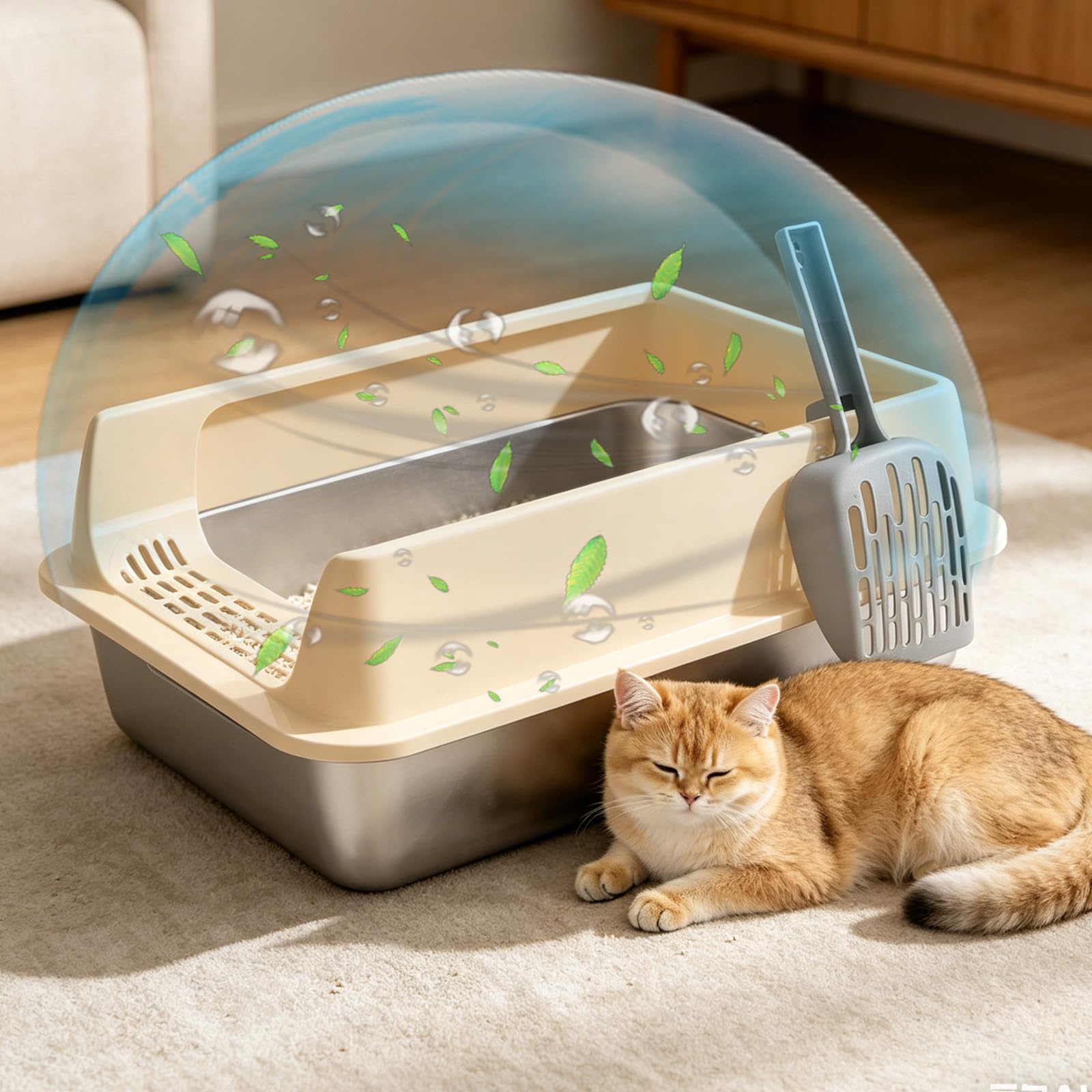 Bac Litière INOX XXL, Grande Litière pour Chat Bord Haut 30cm Anti-Projection, Toilette Chat Métal Ouverte avec Pelle et Pédale, Facile à Nettoyer, Kaki (60x40x30cm)