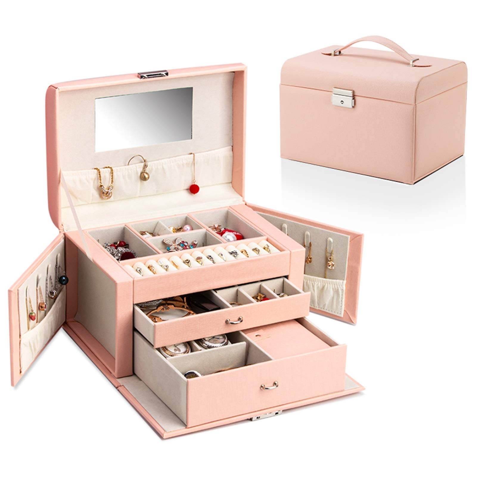 HDBCYUAZ Jewelry Box Faux Leather Organizer for Ring Necklace Earring Brooch Vintage Gift for Women,Cross Pattern(Pink,M)