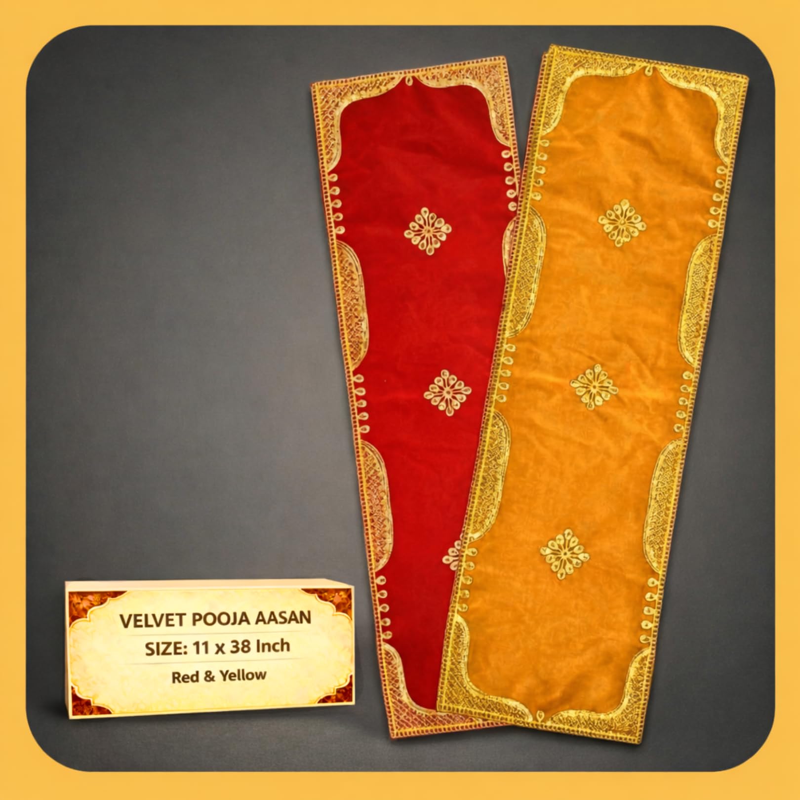 (11 x 38 Inch) Embroidered Long Yellow & Red Cloth for Pooja | Velvet Pooja Aasan for God Idol/Yellow Puja Aasan Kapda/Chowki Cloth for Temple Shelf, Home Mandir, Ganesh Baithak and God Idol Sitting-image-14