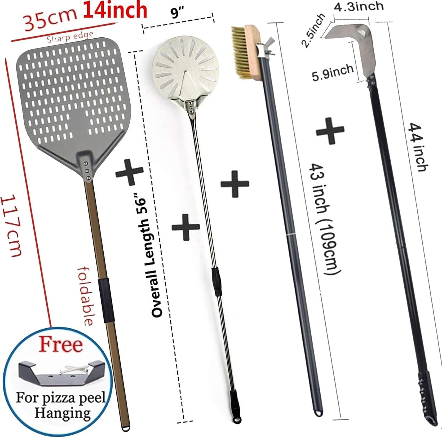 Perforated 14" Square And 9" Round Pizza Peel, 44" Cleaning Rake, 43" Clean Copper Brush Steel Scraper, Oven Tool Spatula 4 Piece Set, Compatible With All Oven