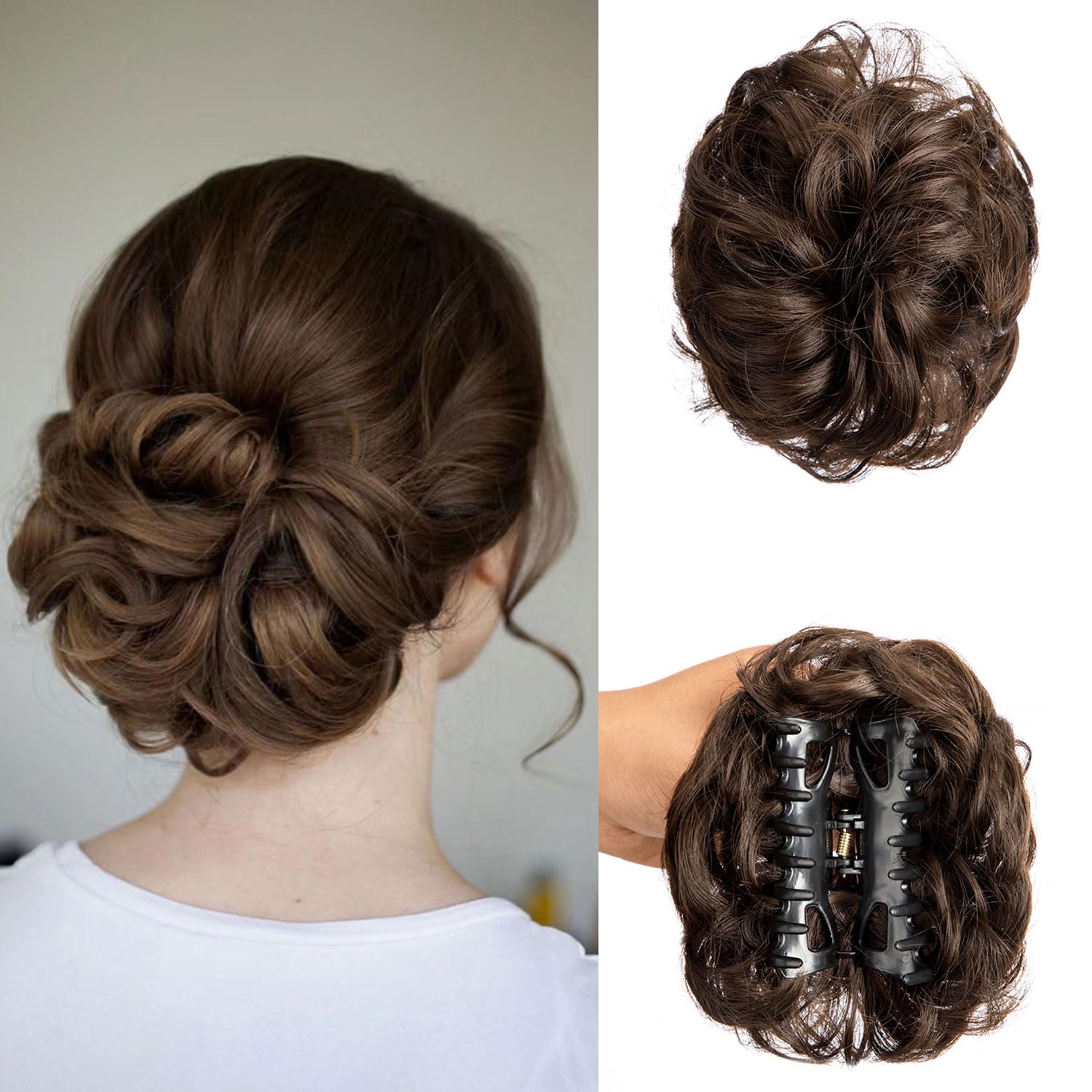 Claw Clip Messy Bun Hair Piece Wavy Curly Large Hair Bun Clip in Claw Chignon Ponytail Hairpieces Synthetic Tousled Updo Hair Extensions Scrunchie Hairpiece for Women (Medium Brown)