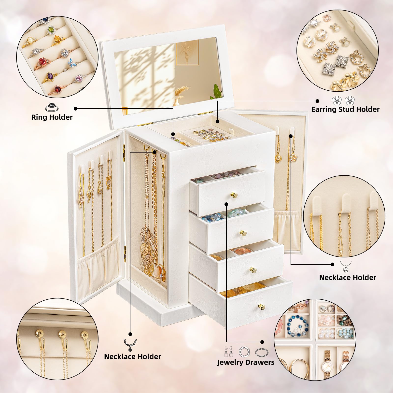Schmuckkästchen, Schmuckaufbewahrung, Schmuckkasten Groß Leder für Halsketten Ohrringe Armbänder Ringe, 5 Ebenen Schmuck Organizer Schmuckbox mit Schubladen und Spiegel (Weiß)