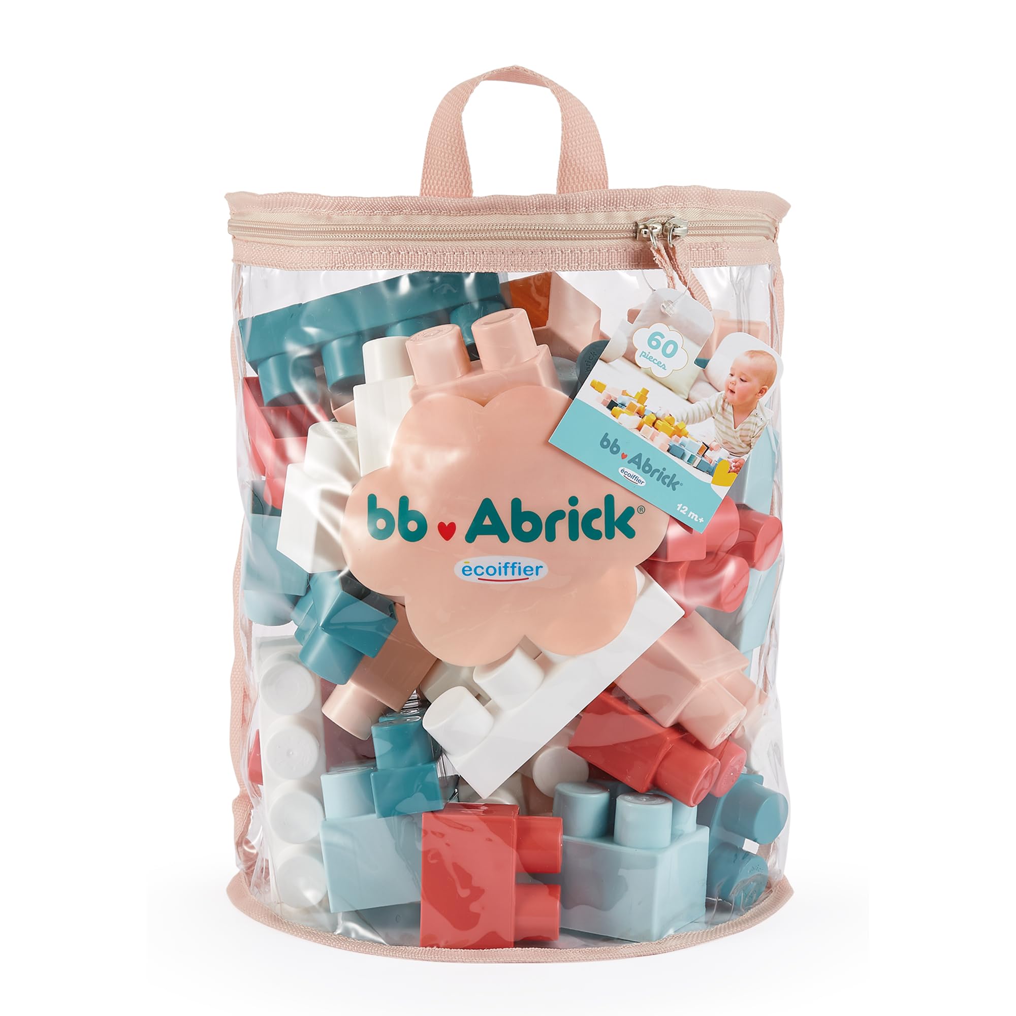 Ecoiffier - Children's Storage Bag 60 Pink Bricks - BB Abrick Fine Motor Building Game - From 12 Months - Children's Toy - 7933 - Guarantee France Origin