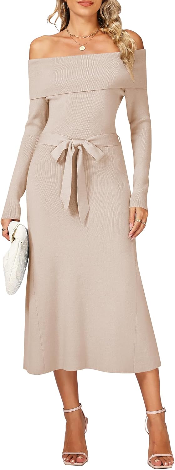 OULESIS Sweater Dress for Women Fall 2025 Off The Shoulder Long Sleeve Ribbed Knit Bodycon Maxi Dresses Formal Wedding Dress