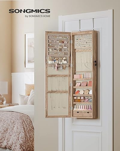Miniatura 2 de SONGMICS Armario de joyería con espejo de 6 LED, 47.2 pulgadas de alto con cerradura para pared o puerta, organizador de joyas con espejo, 2