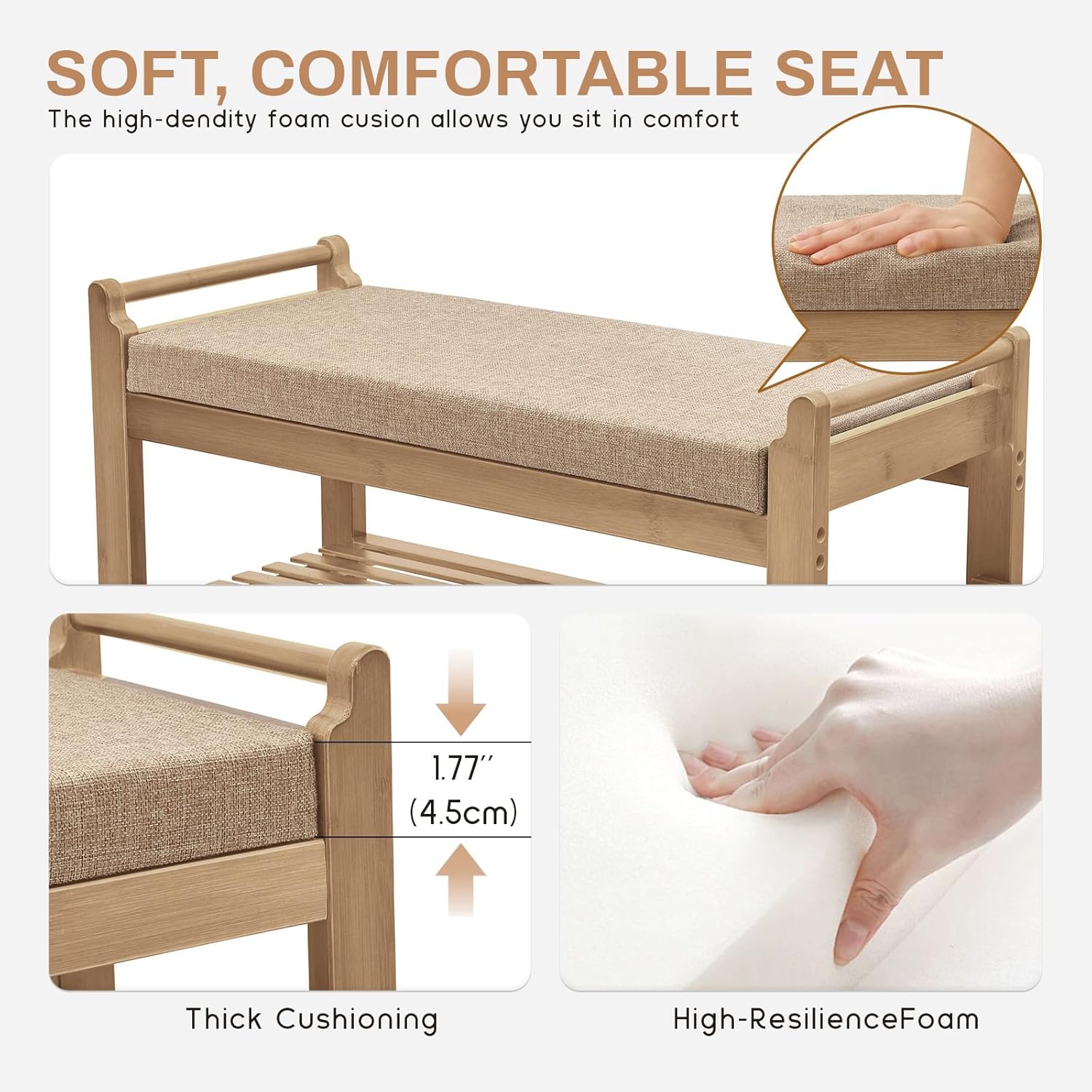 Homaxy 2-Tier Shoe Rack Bench with Side Holder, 28.2 in Bamboo Entryway Bench, Shoe Rack Organizer with Cushion for Front Entrance, Hallway Living Room Bedroom, Walnut and Light Brown