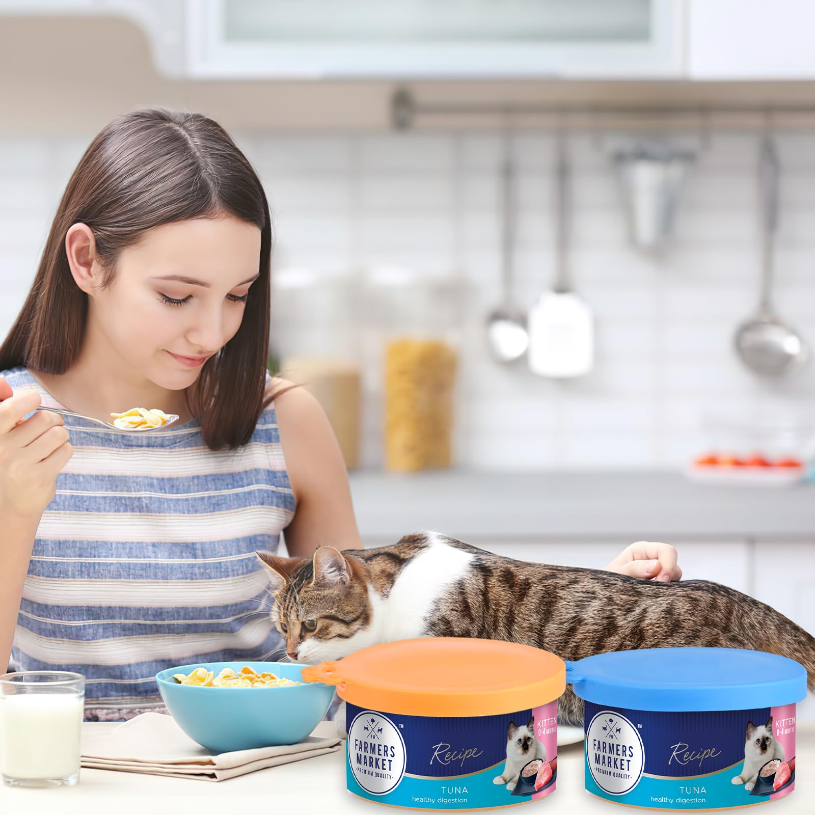 Lot de 6 Couvercles Silicone de Conserve Avec 6 Cuillères - Pour Boîtes de 65 mm, 75 mm et 85 mm - Adapté Aux Boîtes de Nourriture Pour Chiens et Chats