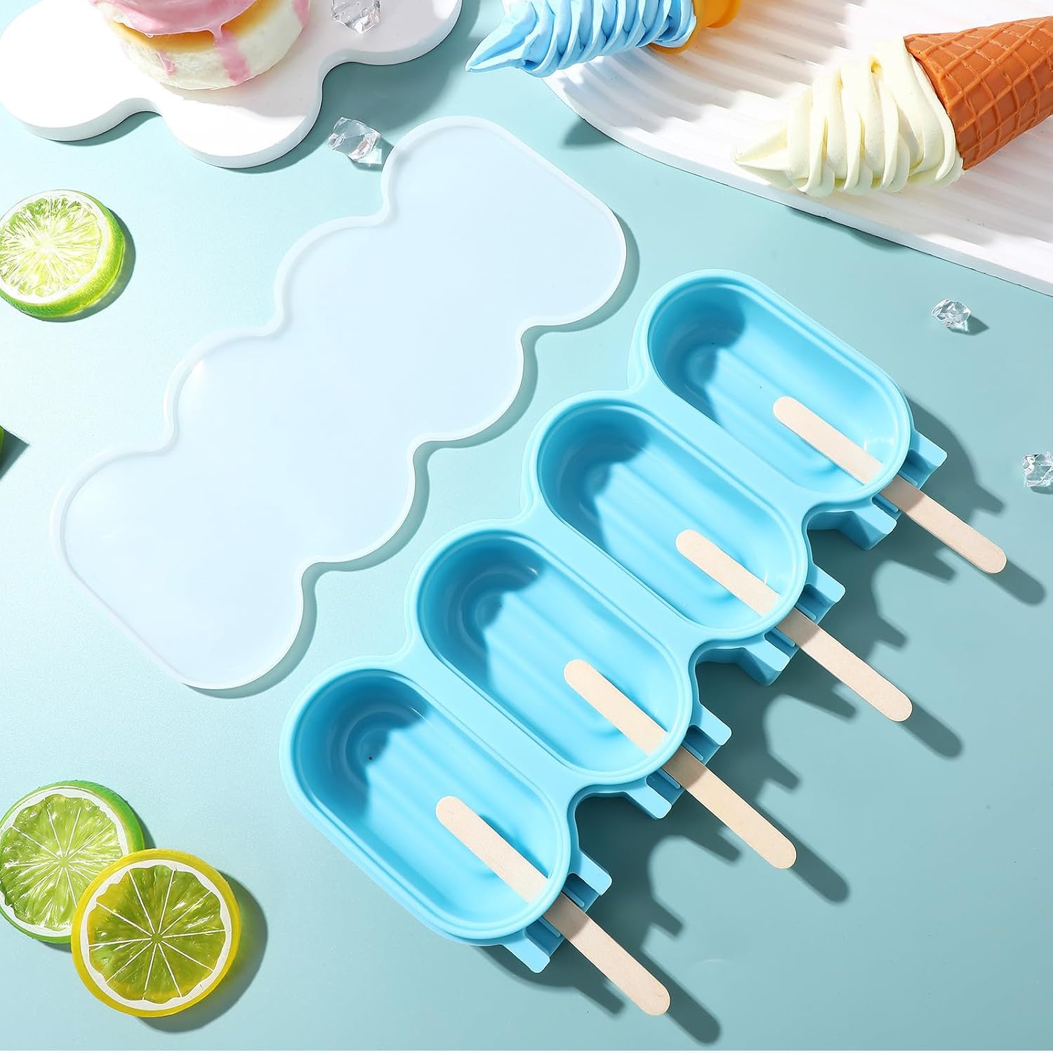 Silicone Ice Pop Molds Set, 4-cavity Oval Blue with Sticks