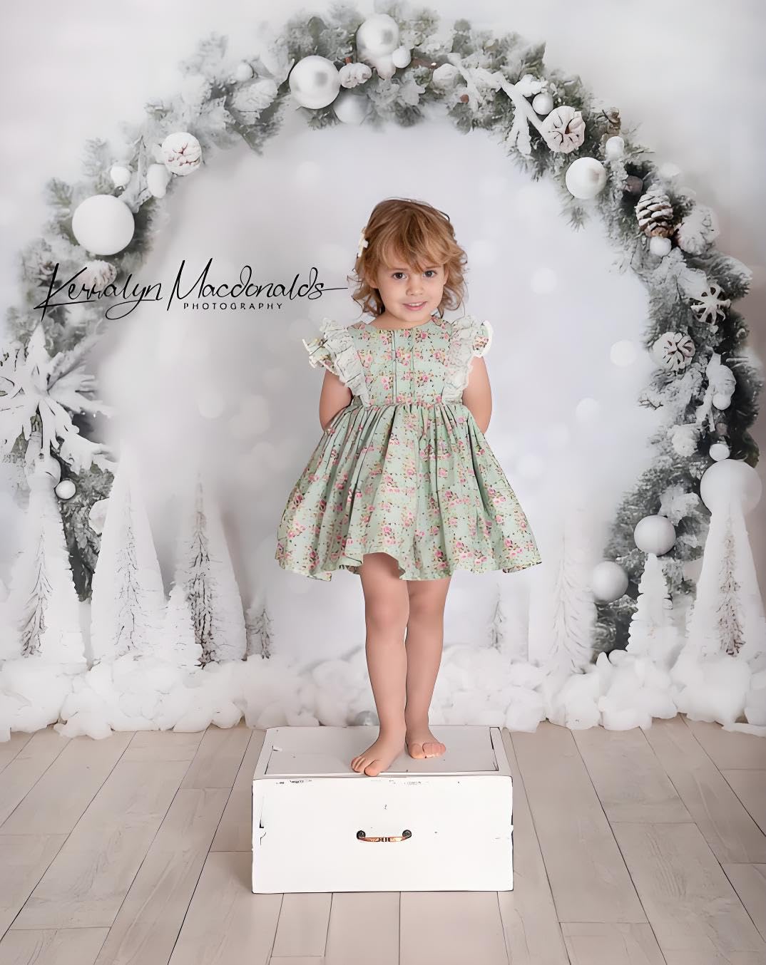 Kate Fond de Photographie de Noël 2,5 x 2,5 m/8 x 8 Pieds Hiver Blanc Noël Neige Vert Arc Bokeh Néon Toile de Fond pour Accessoires de Photographie Portrait d'enfant Photocall