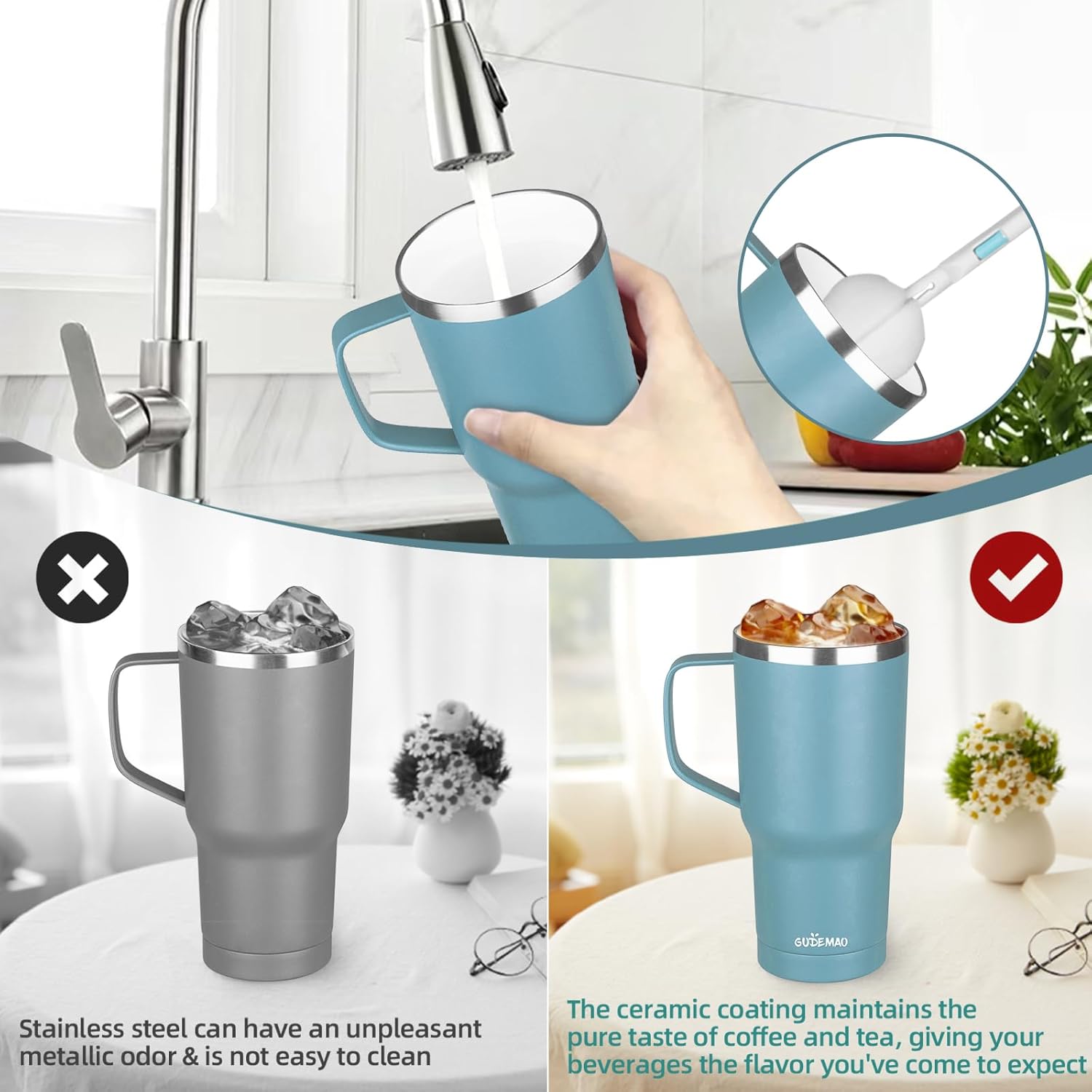 20 oz Insulated Coffee Mug with Ceramic Coating, Stainless Steel Travel Mug Tumbler with Handle Lid and Straw, Double Wall Leak-Proof Coffee Travel Mug Keeps Drink Hot and Cold (Lake Green) - Image 5