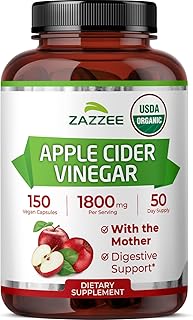Zazzee USDA Organic Apple Cider Vinegar, With the Mother, 1800 mg per Serving, 150 Vegan Capsules, 50 Day Supply, Fermented ACV, Digestive Support Formula, All-Natural, Non-GMO, Made in the USA