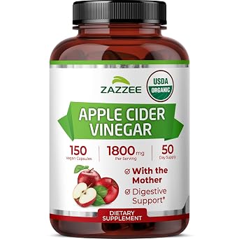 Zazzee USDA Organic Apple Cider Vinegar, 1800 mg per Serving, 150 Capsules | With the Mother, Vegan, 50 Day Supply, Fermented ACV, Digestive Support Formula, All-Natural, Non-GMO, Made in the USA