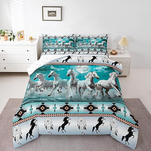 Miniatura 3 de Erosebridal Juego de edredón de caballos blancos del suroeste nativo azteca, relleno de edredón de animales occidentales, edredón de plumas de tribu