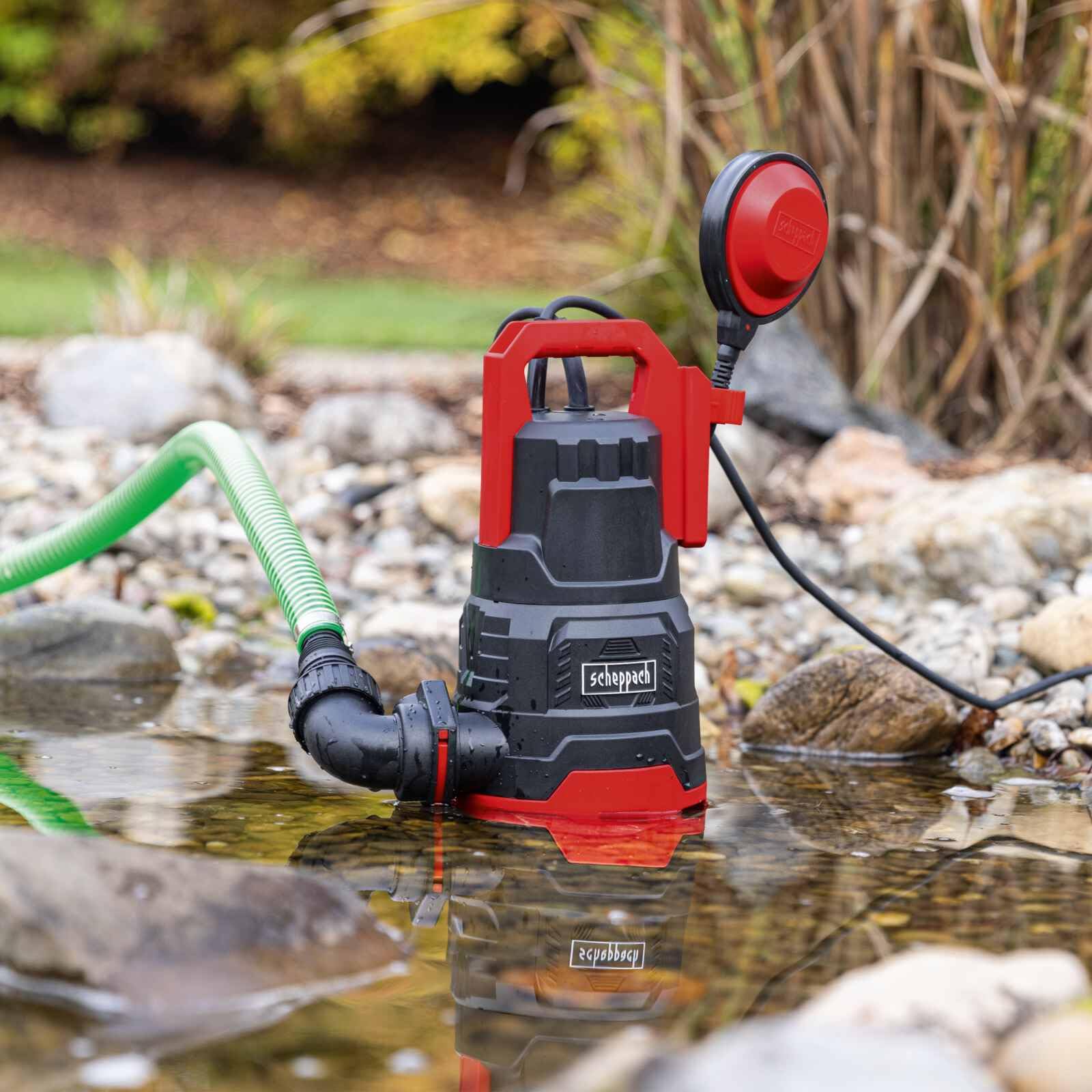 Scheppach DWP400 Schmutzwassertauchpumpe 400W | Fördermenge 9000 L/h | Förderhöhe 6m Eintauchtiefe 7m | Partikelgröße 30mm | für Klar- & Schmutzwasserpumpe | Tauchpumpe mit Saugfunktion flachsaugend