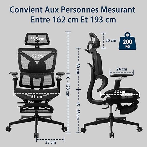 Ergonomic Office Chair Large and Tall with Footrest, 5D Adjustable Armrests, Lumbar Support, Reclining Mesh Backrest, Adjustable Depth Seat, Kids Chair, Black - 2