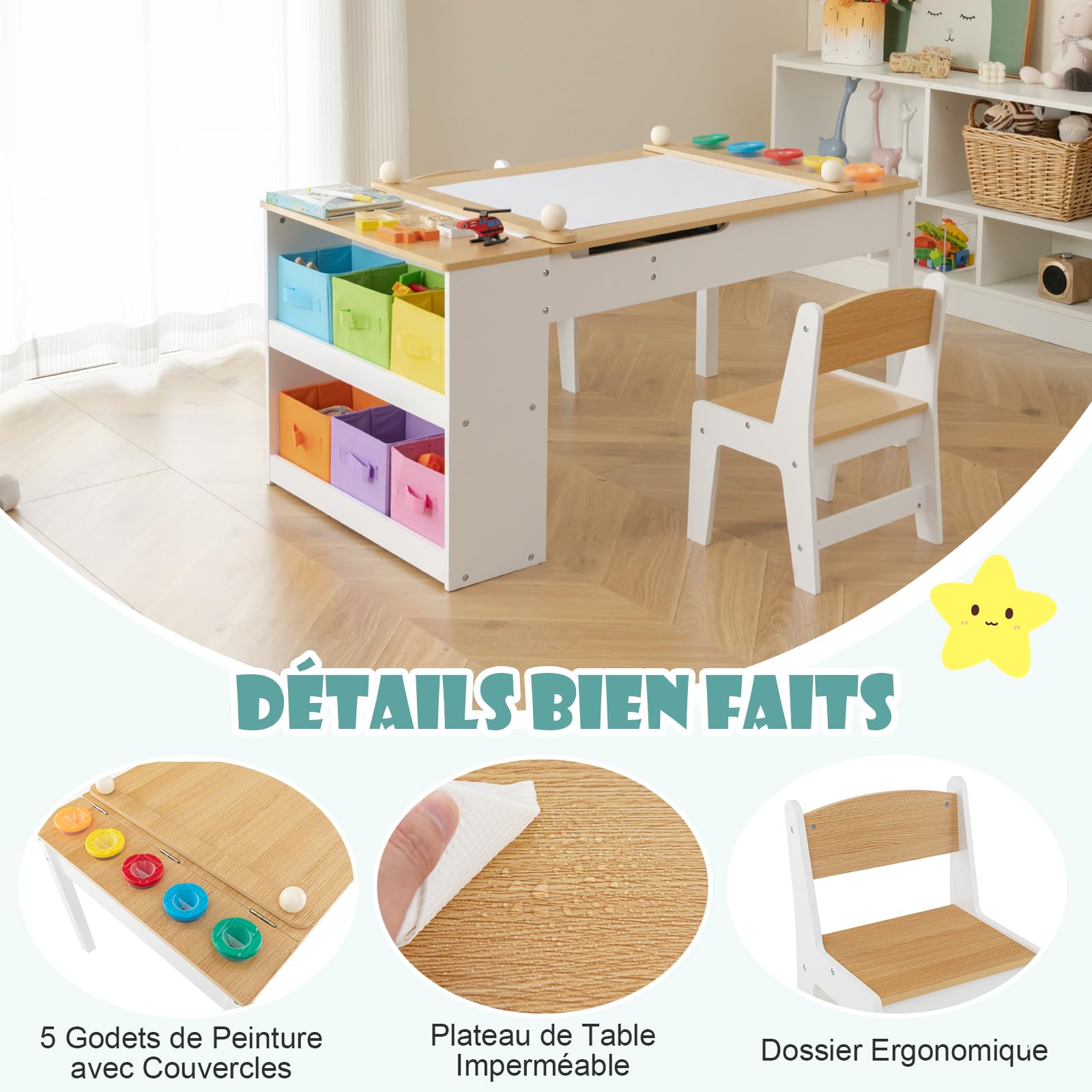 DREAMADE Table à Dessin et 2 Chaises en Bois Enfants,Bureau d'art Tout-Petits avec Plateau Inclinable&6 Tiroirs en Tissu&5 Palettes&Rouleau de Papier,Charge 91+75KG(Naturel)