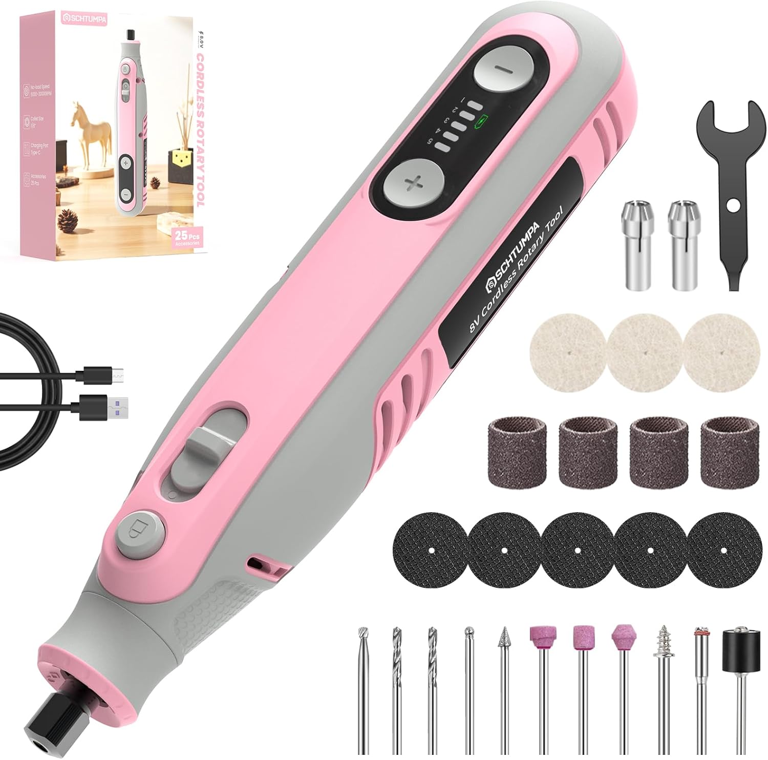 Cordless Rotary Tool 8V, 5 Variable Speed, 5000-30000RPM, 2.0Ah Battery, 25 Upgraded Accessories, Rotary Tool Kit for Sanding, Engraving, Polishing, Cutting, Drilling, Crafts and Pet Nails