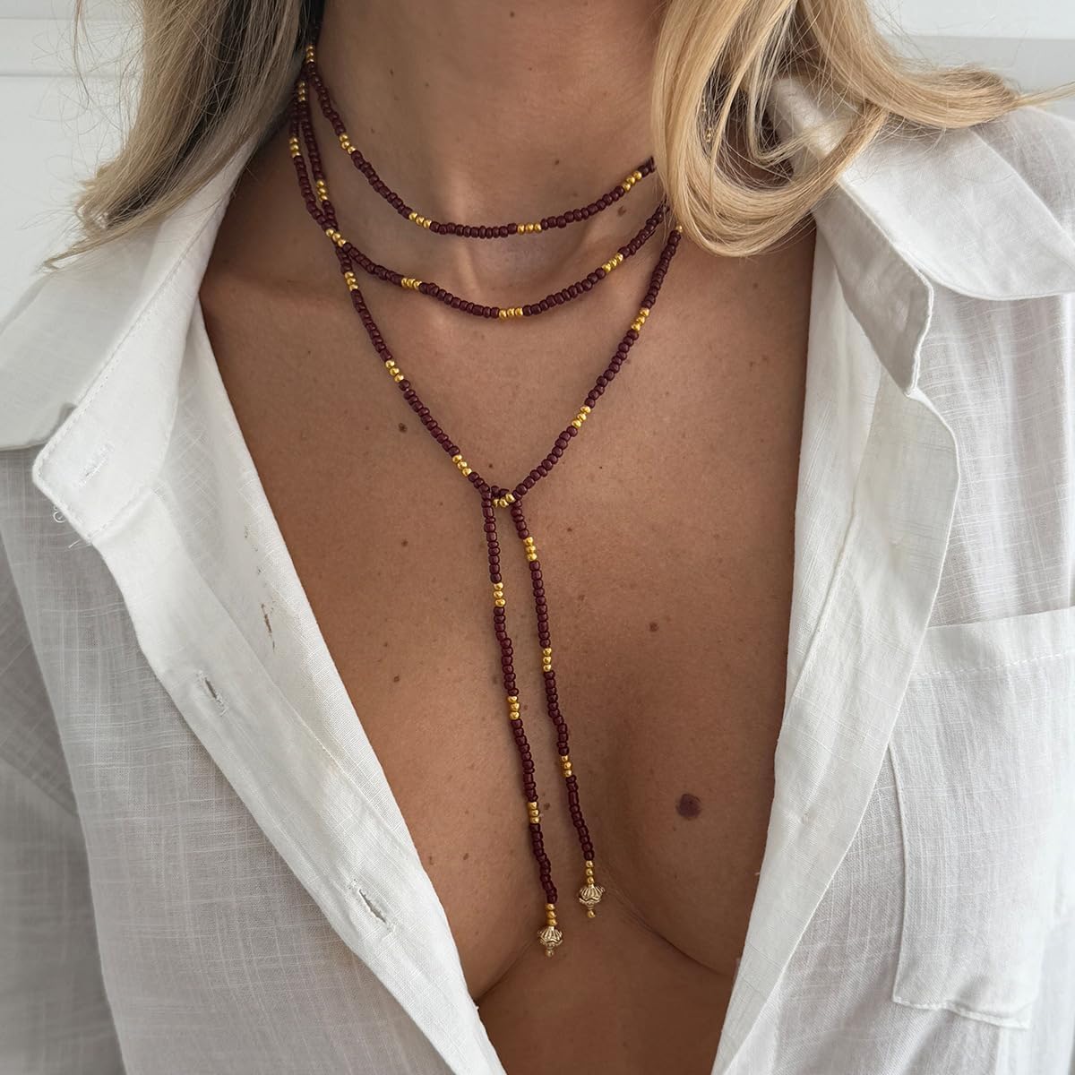 Layered Crystal Beaded Necklace for Women Colorful Multistrand Rhinestone Beaded Y Necklace Statement Boho Jewelry