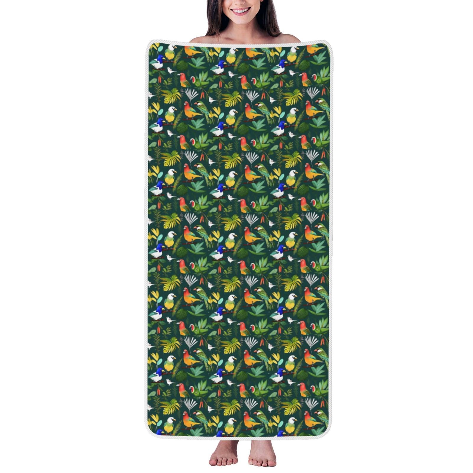 Nimongt Unisex White Tropical Birds And Plant Leaf Print Lightweight Comfort Coral Velvet Bath Towel Home Bathroom Hotel Spa Beach Travel