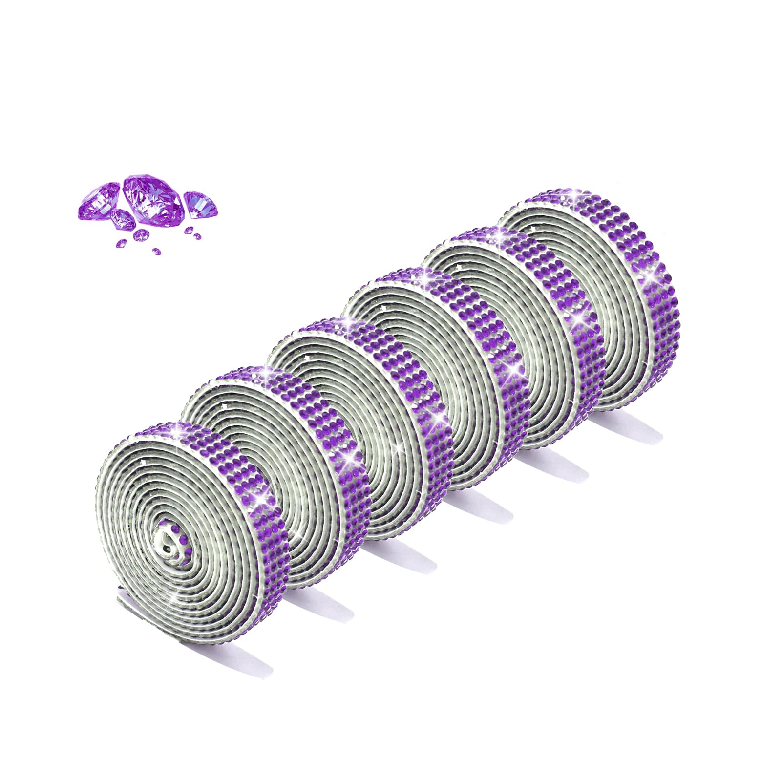 ZMD 6Rolls Self Adhesive Purple Crystal Rhinestone Strips, Diamond Ribbon Sticker Bling Glitte Tape Rhinestones Roll Bedazzling Strips for Arts Crafts