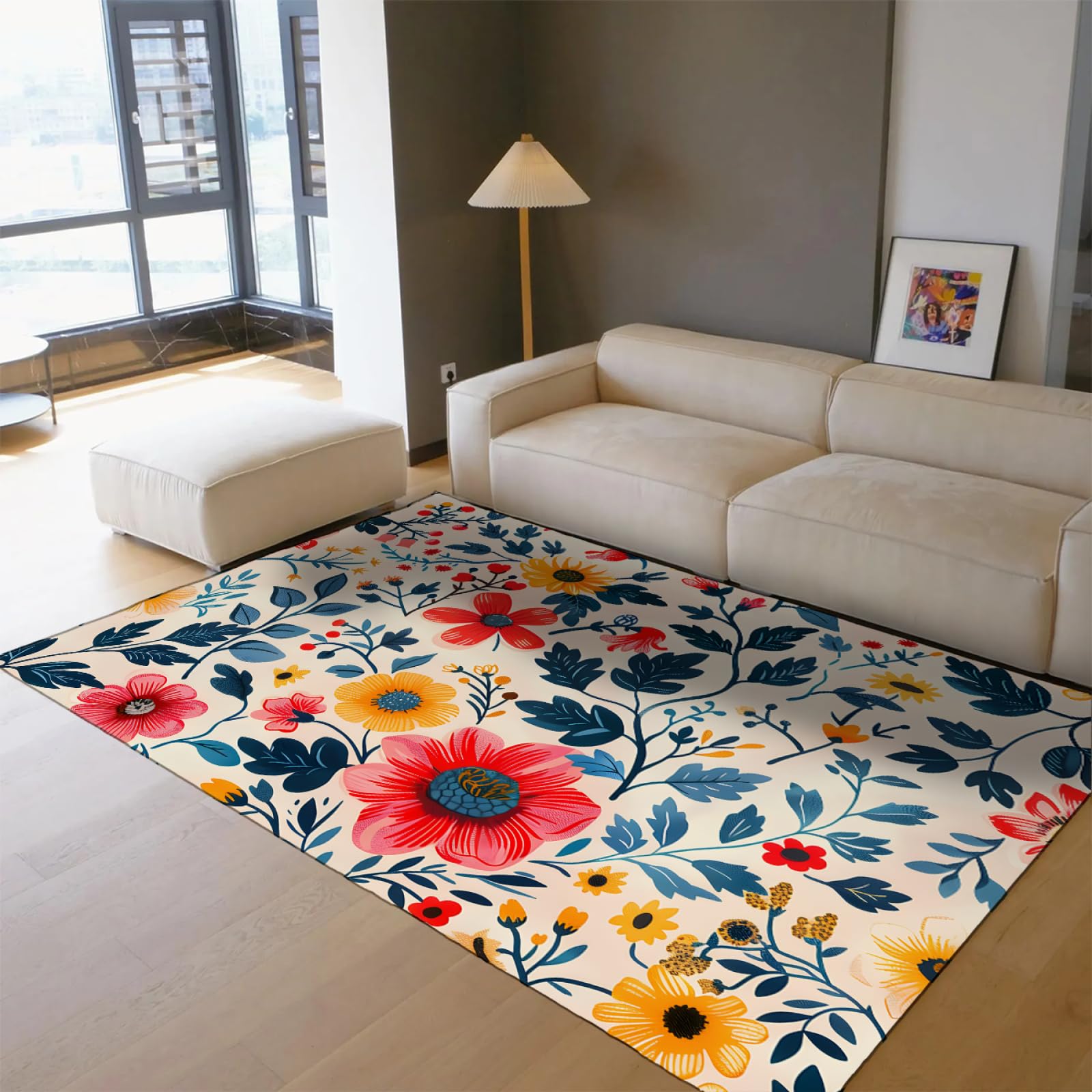Tappeto di grandi dimensioni in stile nordico Tappeto Bohémien Plant Floral Patterns Tappeto Leggero Pieghevole Antiscivolo Tappetino per Camera Da Letto Soggiorno 60x120cm