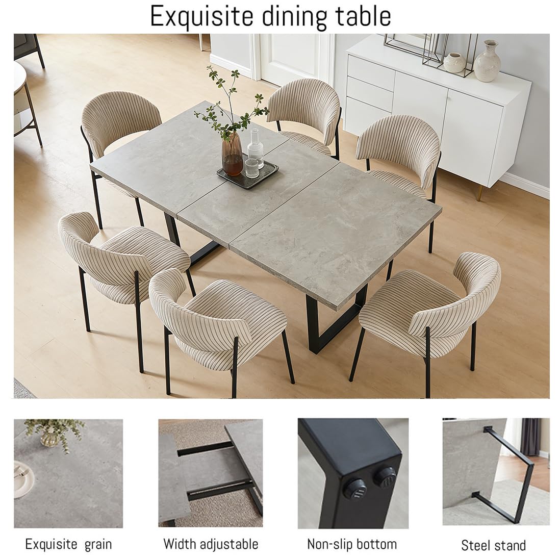 JIEXI Juego de 4 mesas de Comedor Extensibles de 130 x 170 cm, 4 sillas de Pana, Tablero Rectangular de MDF de Cemento, Estilo Moderno y contemporáneo para Comedor y Cocina