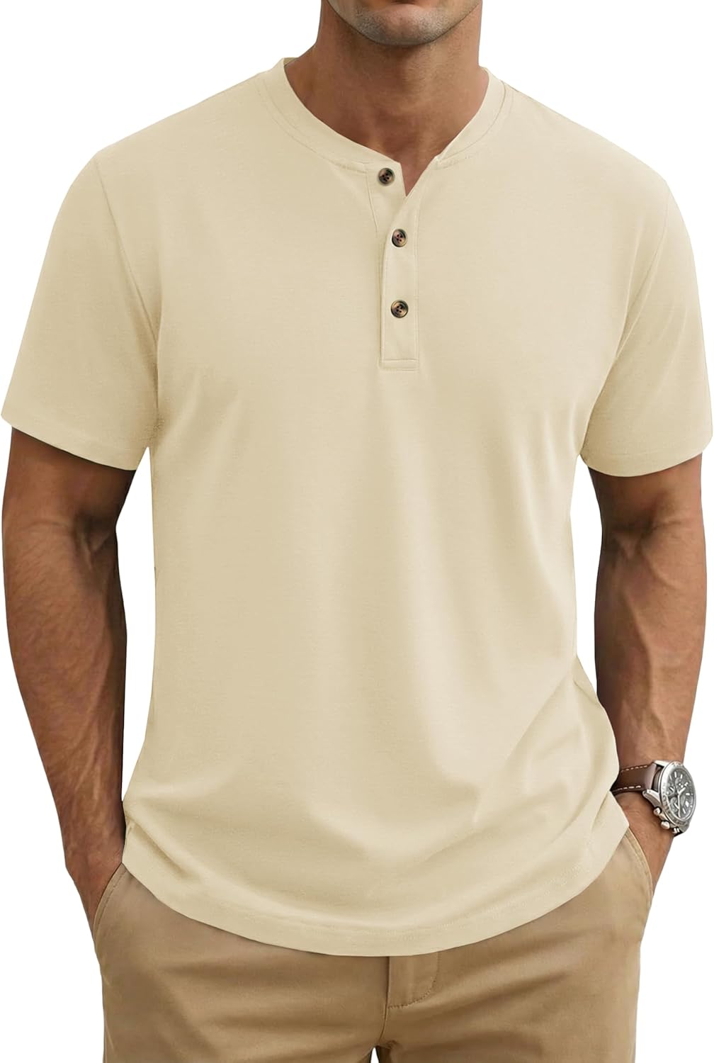 MAGNIVIT Mens Henley Shirts Short Sleeve Cotton Casual Summer Basic T-Shirts 3 Button Solid Collarless Shirts for Work