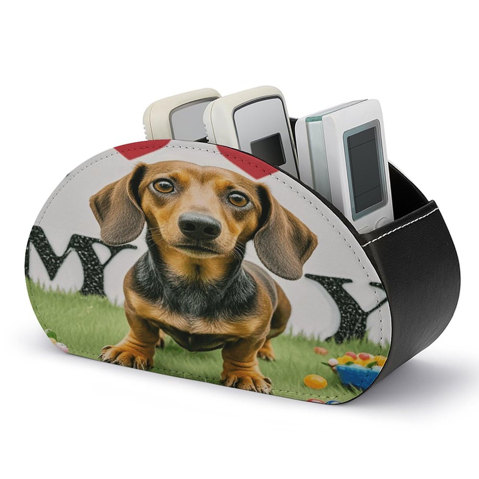 VstaDank I Love My Dog Dachshunds Remote Control Holder with 5 Compartments PU Leather TV Remoter Caddy Desktop Organizer TV Remote Holder Remote Box for Media Controllers Office Supplies