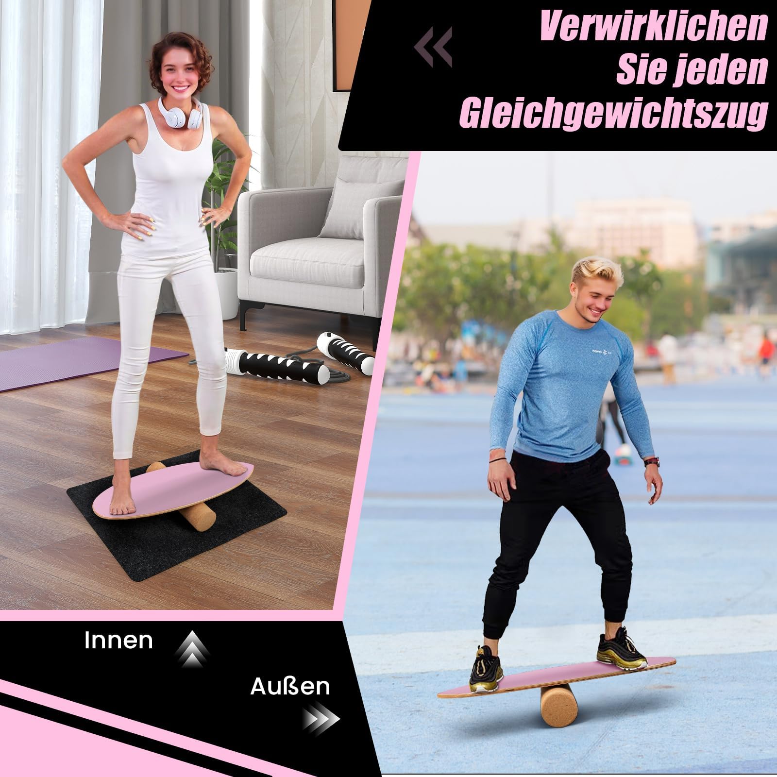 FANTASK Balancebrett aus Holz, Balance Board für zuhause mit Korkrolle, Balance Trainer Trickboard aus 8 hochwertigen Holzschichten gepresst, Rosa