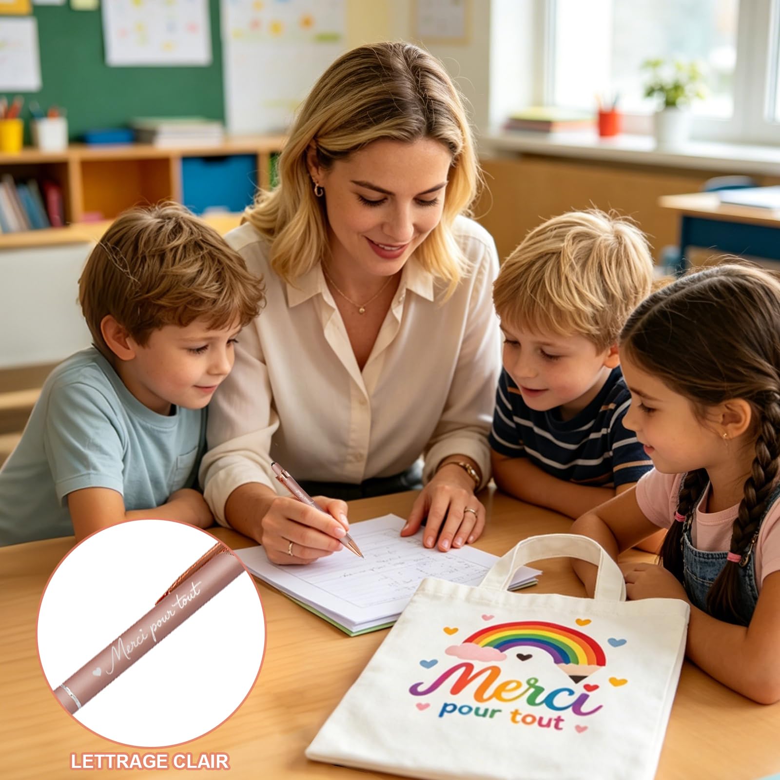 Cadeau Maitresse D'école Cadeau Maitresse 3 Pièces Pour Fin D'année Scolaire – Tote Bag Merci, Porte-Clés Arc-En-Ciel Et Stylo Rose – Tissu Résistant, Design Coloré Pour Professeur
