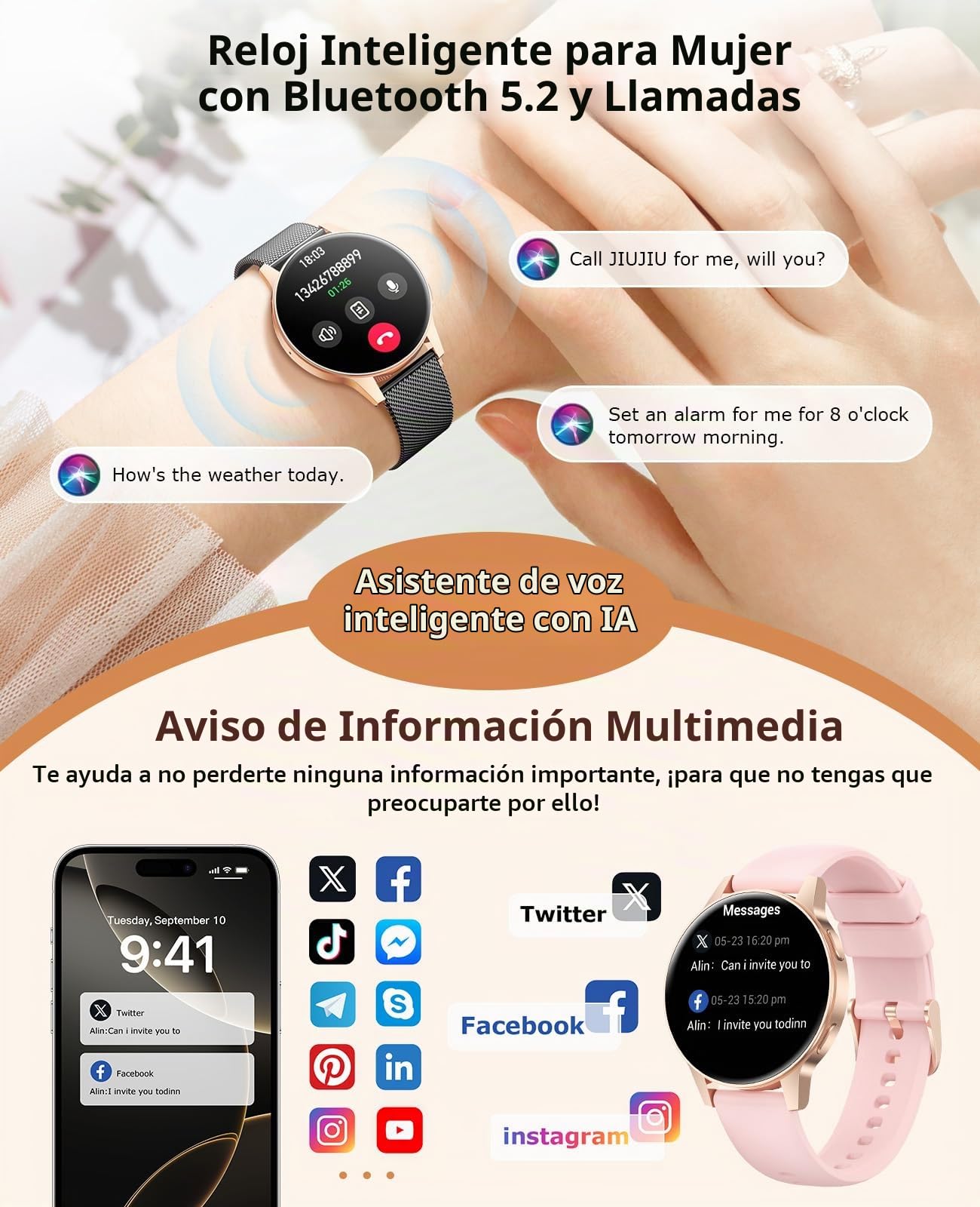 2025 Reloj Inteligente Mujer, 1.27" TFT Pantalla Táctil Smartwatch con Llamadas Bluetooth Pulsometro Ciclo Menstrual IP68 Fitness Tracker Monitor de Sueño para iOS & Android (Oro Negro)