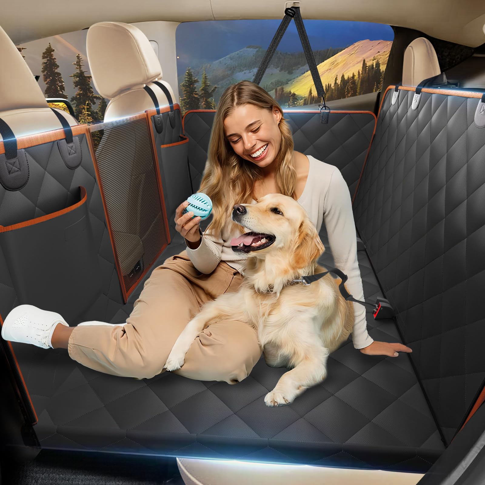 Btefd Back Seat Extender for Dogs, Dog Car Seat Cover for Back Seat Supports 420lbs, Hard Bottom Backseat Extender for Dogs, Waterproof Dog Hammock for Car, SUV, Truck Orange