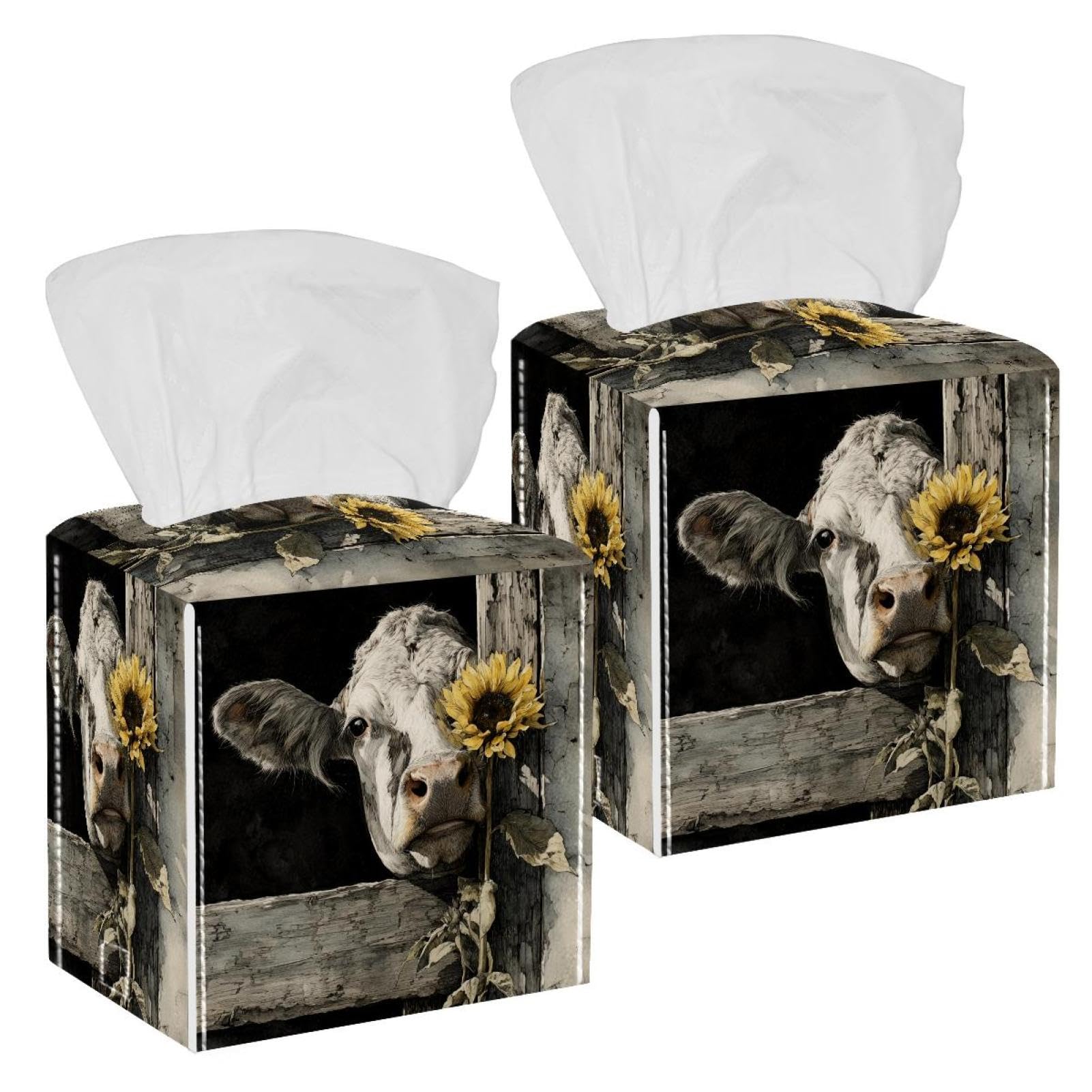 Farmhouse Highland Cow Tissue Box Cover, 2 Pack PU Leather Square Facial Tissue Dispenser Box holder for Home Office Car