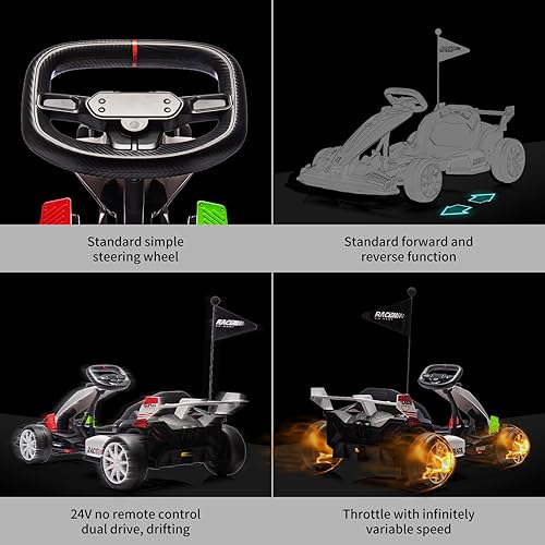 Miniatura 4 de Kart eléctrico de deriva de 24 V para niños, auto de paseo con asiento ajustable y velocidad de 8.5 MPH, ruedas silenciosas de EVA, juguete