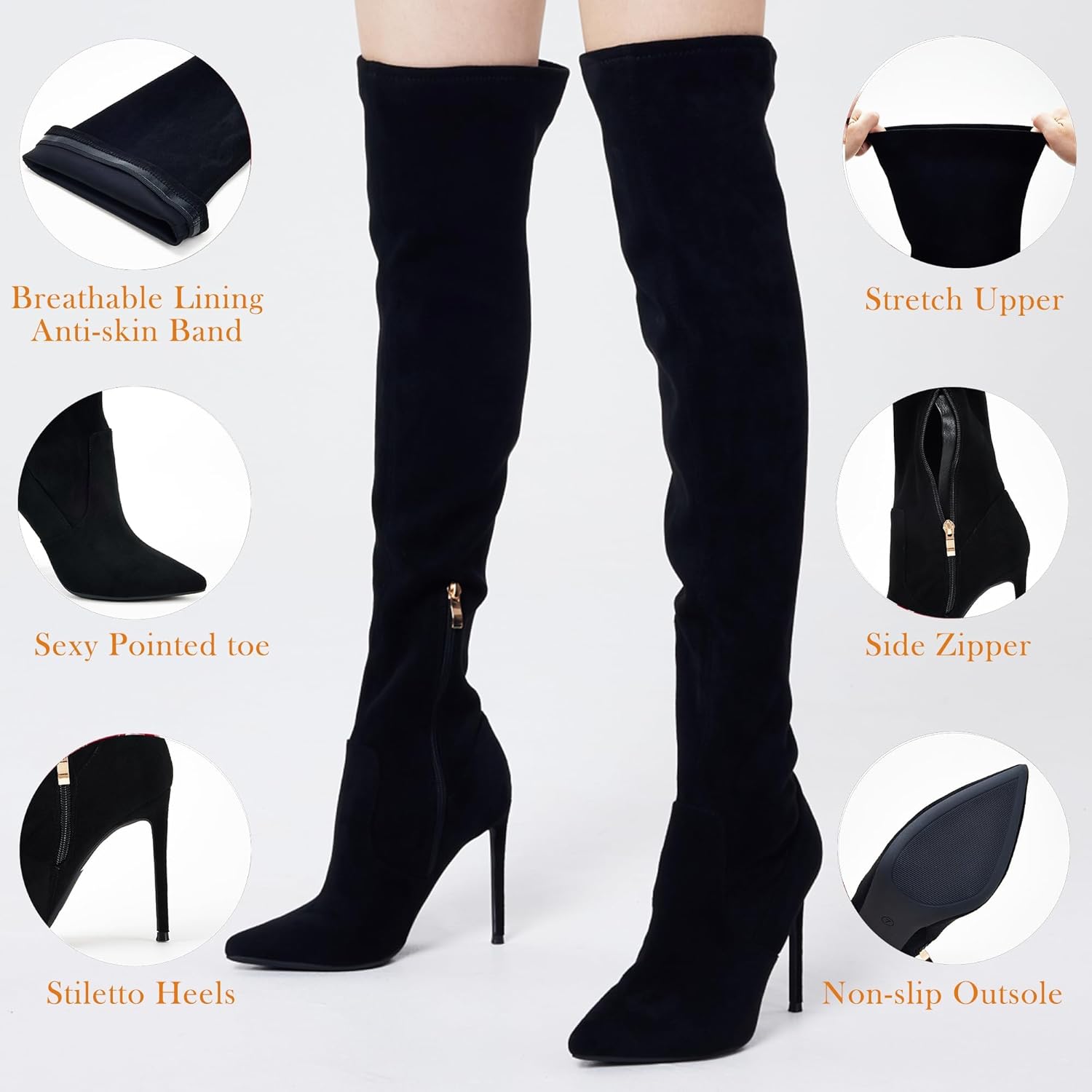 GENSHUO Over the Knee Boots for Women with Heel Suede Thigh High Boots Stretch Sexy Pointed Toe Stiletto Long Boot Shoes - Image 3