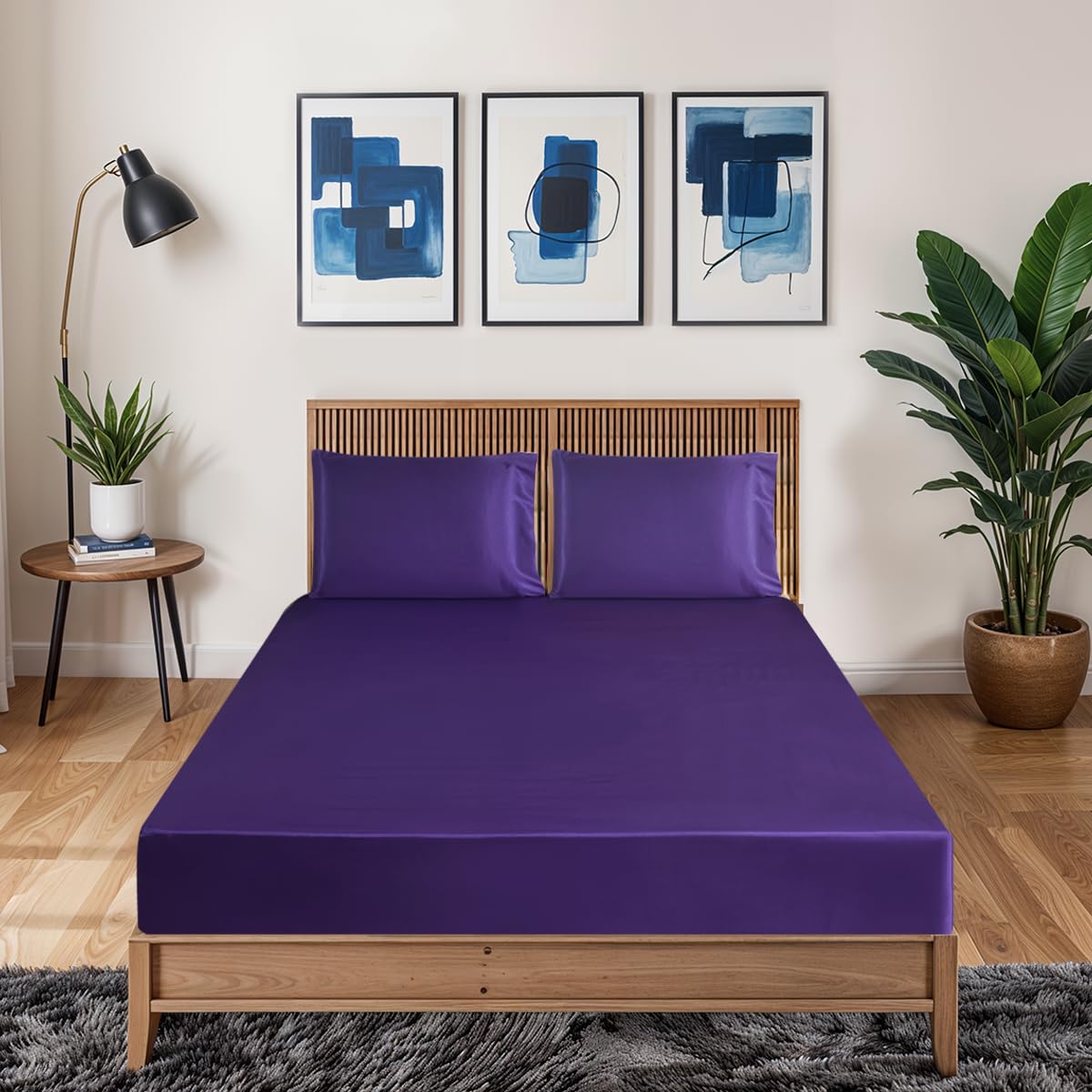 Black Horse 3 Pcs Satin Fitted Sheet and 2 Pillowcases - Breathable Non-Iron- 40 cm Deep Pocket Satin Silky Bed Sheet-Color & Size Name - (Aubergine, King)