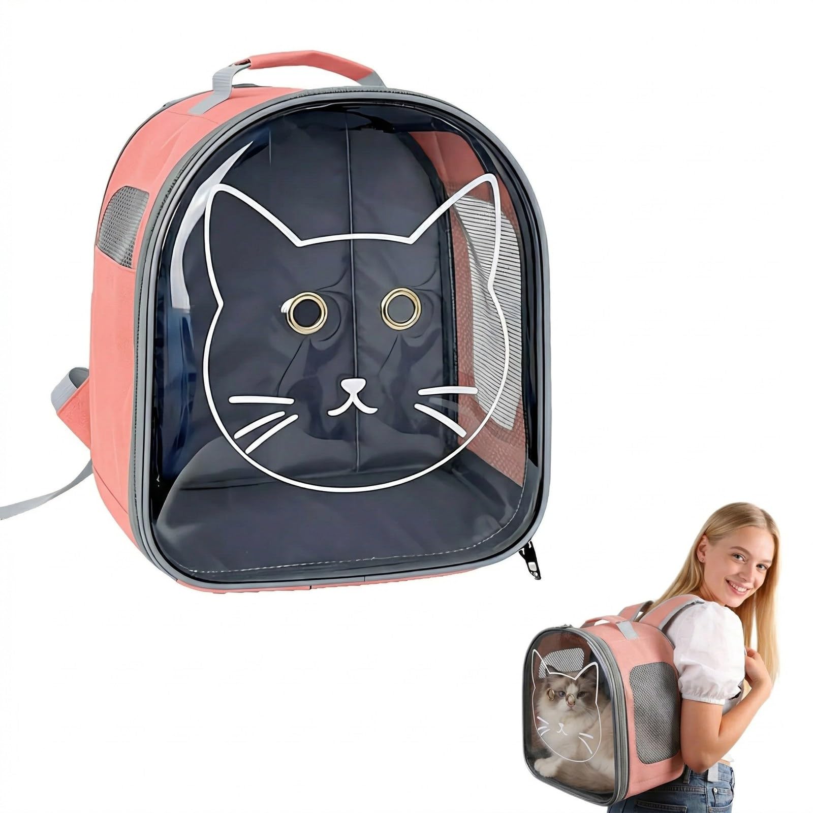 Cat Backpack Pet Carrier, Portable Transport Bag for Cats, Breathable Adjustable Cat Carrier with Safety Belt for Travel Hiking Cycling Walking Outdoor (Pink)