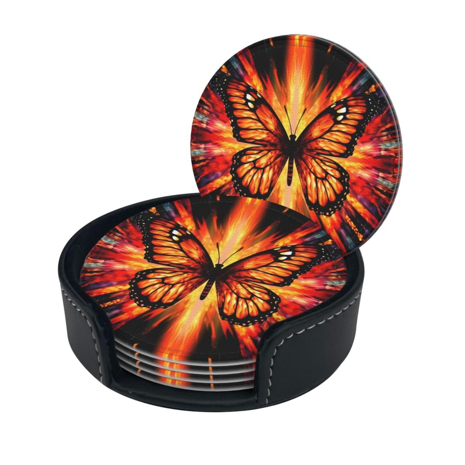 Stylish Coasters - Orange Butterfly Set of 6 Round Leather Drink Coasters with Holder - Perfect Size for Cups and Glasses