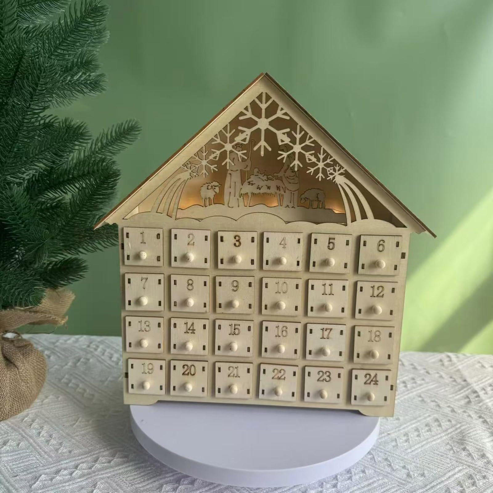 LED beleuchteter Holz Adventskalender Weihnachtsgeister 24 Tage Countdowns Kalender mit LED-Lichtern und Aufbewahrungsschubladen