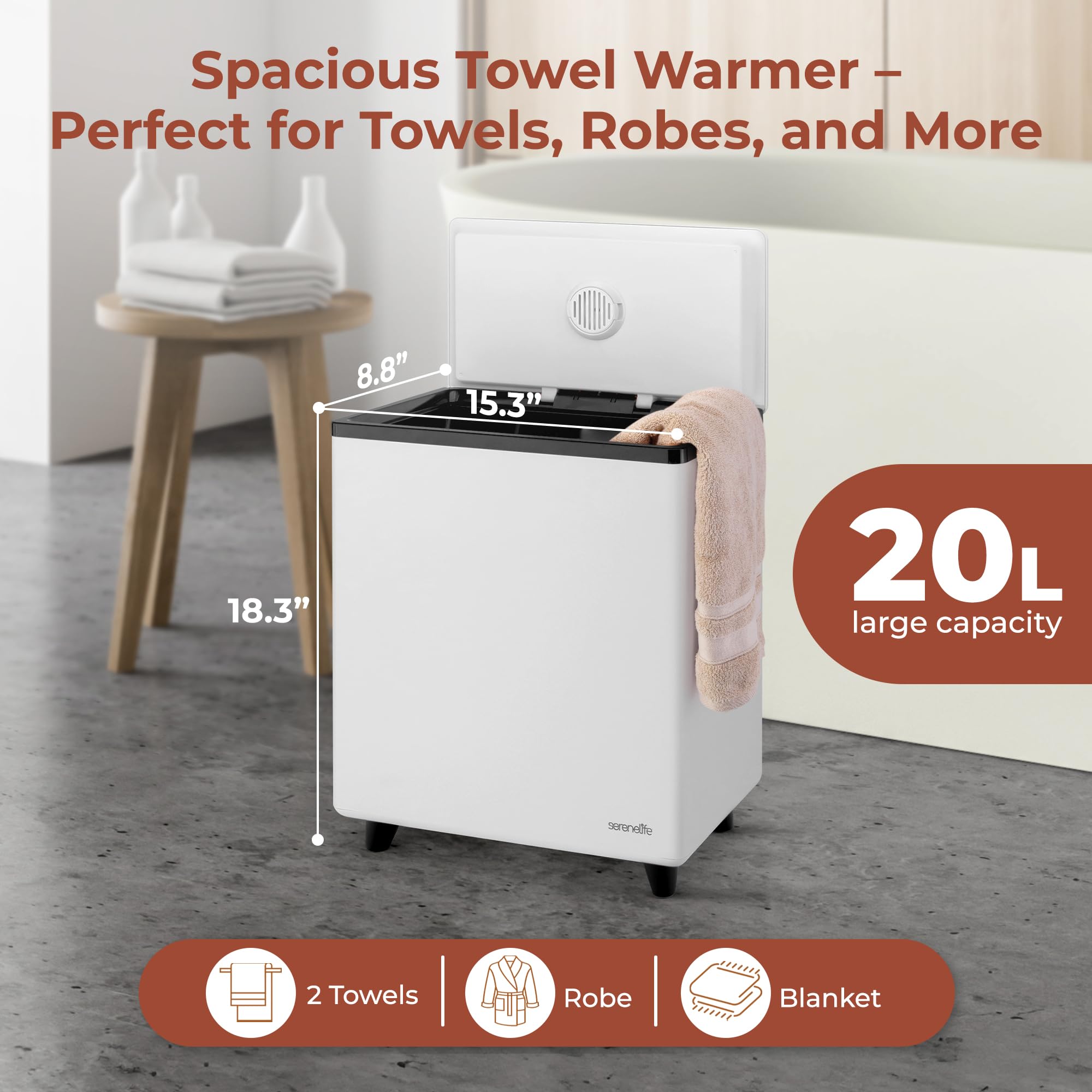 SereneLife SLTLR560W Secchio scaldasalviette rettangolare – Grande capacità singolo tocco asciugamano e coperta scalda con funzionalità WiFi integrata (nero), Taglia unica