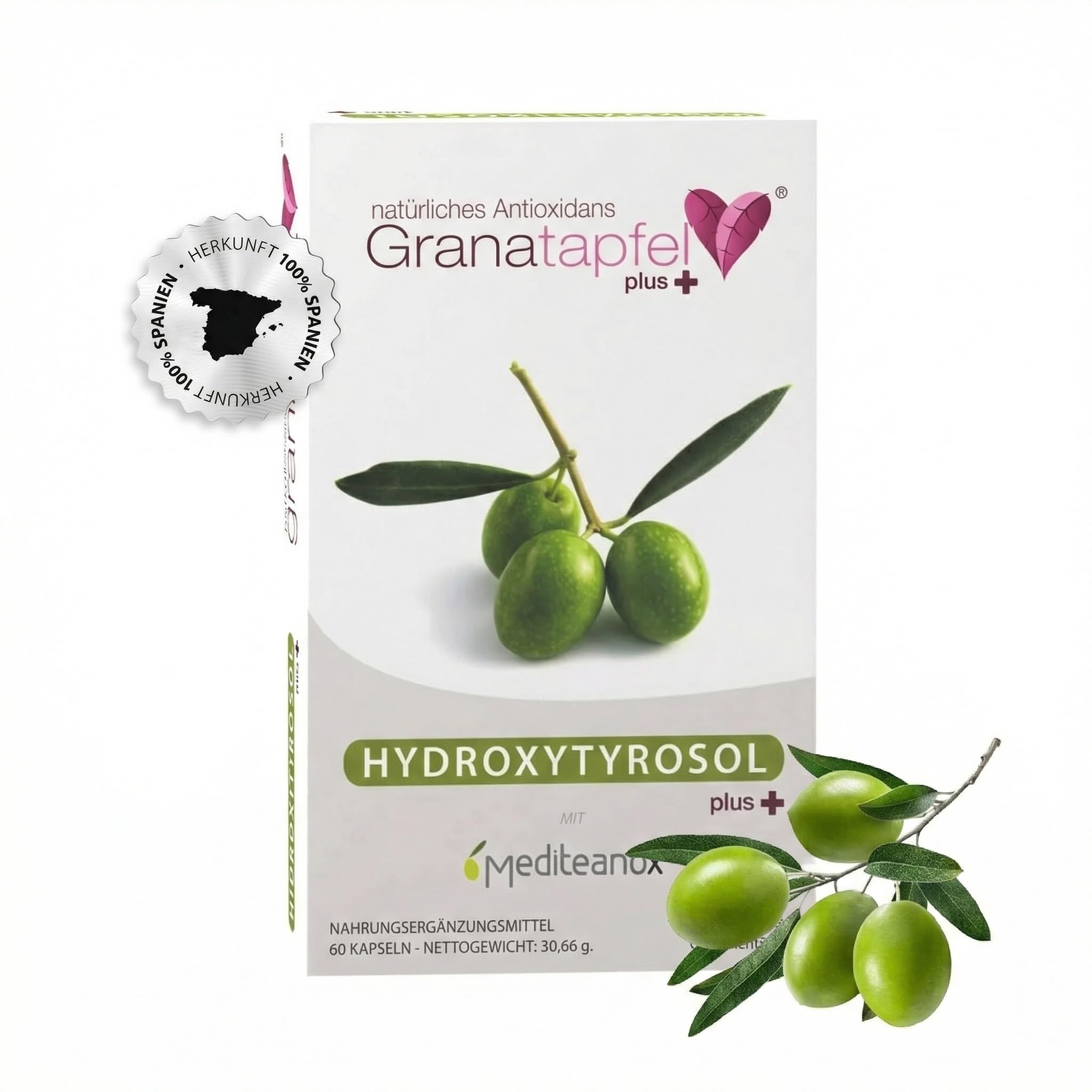 Granatum Plus - Hydroxytyrosol Plus - Nahrungsergänzungsmittel - Gewonnen aus Extra Nativem Olivenöl - Antioxidatives Supplement - Allgemeines Wohlbefinden - Hergestellt Spanien - 1 Box 60 Tabletten