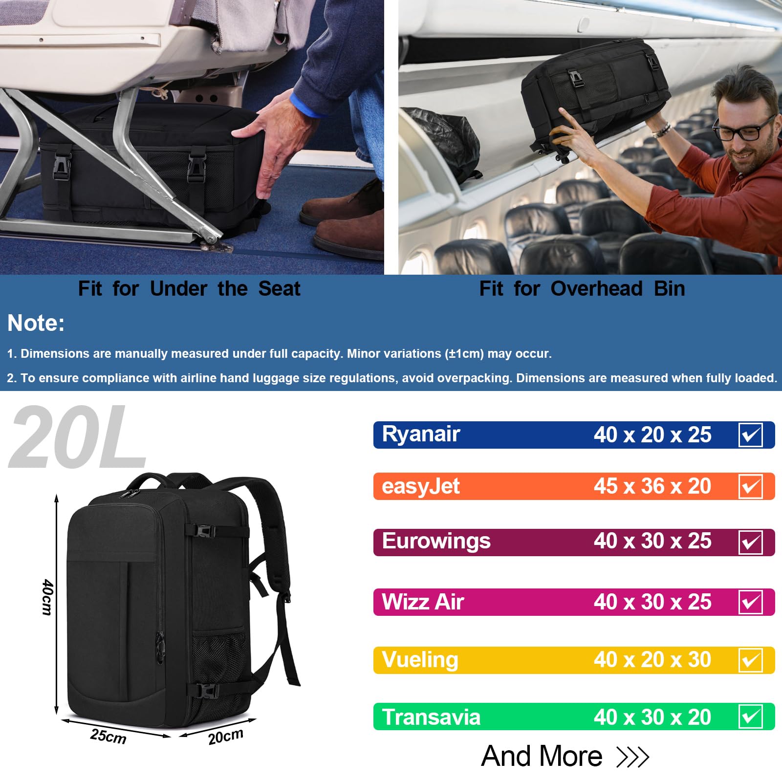 Zaino per Ryanair 40x20x25cm Piccolo Zaino Viaggio Bagaglio a Mano Zaino da Viaggio Aereo 20L Zaini Cabina 40x20x25cm Borsa da Cabina per Voli Zaino Donna Uomo, 14 Pollici Zaino Porta PC, Nero