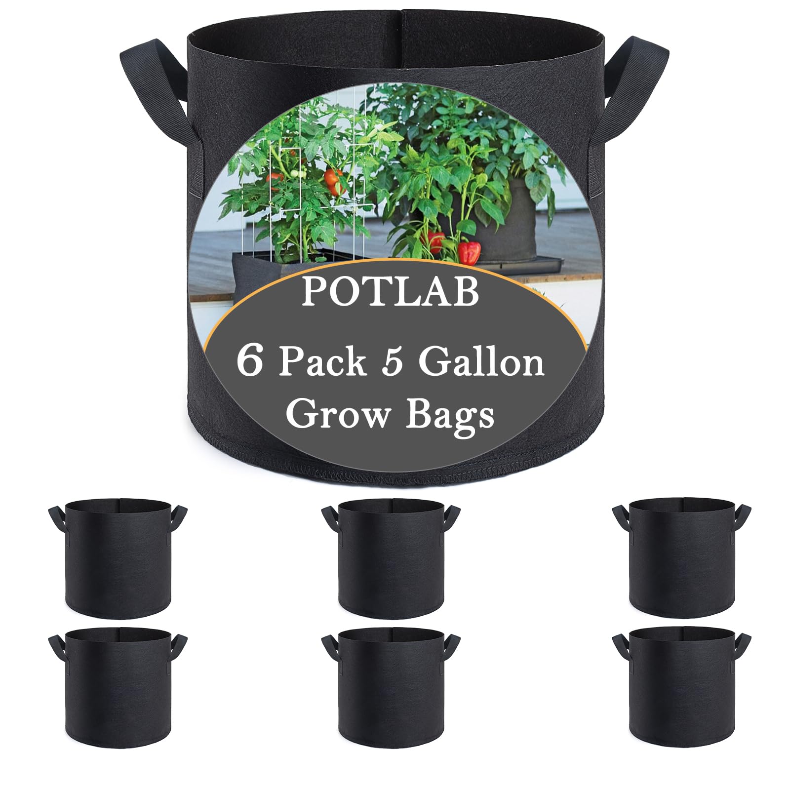 Potlab Black 5 Gallon Grow Bags 6 Pack Smart Fabric Pots For Container Gardening, Fabric Grow Bags For Plants, And Planting Bags,Potting Bags With Handle.