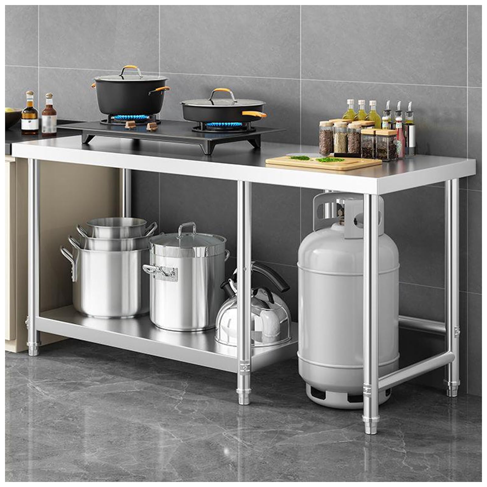 Banco de Trabajo de Acero Inoxidable, Soporte Sólido para Encimera, Mesa de Preparación de Cocina Comercial, Mesa de Metal Multifuncional de Doble Capa, Tabla de Cortar, Práctico Estante de A