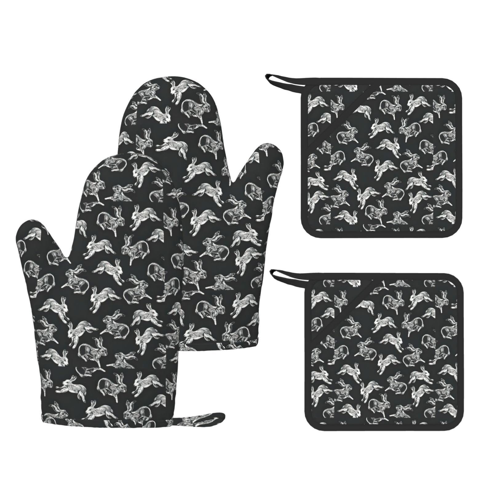 Nimongt Black Bunny Rabbit Print Heat Resistant Gloves Pads Reusable Kitchen Set Oven Baking Grilling Cooking