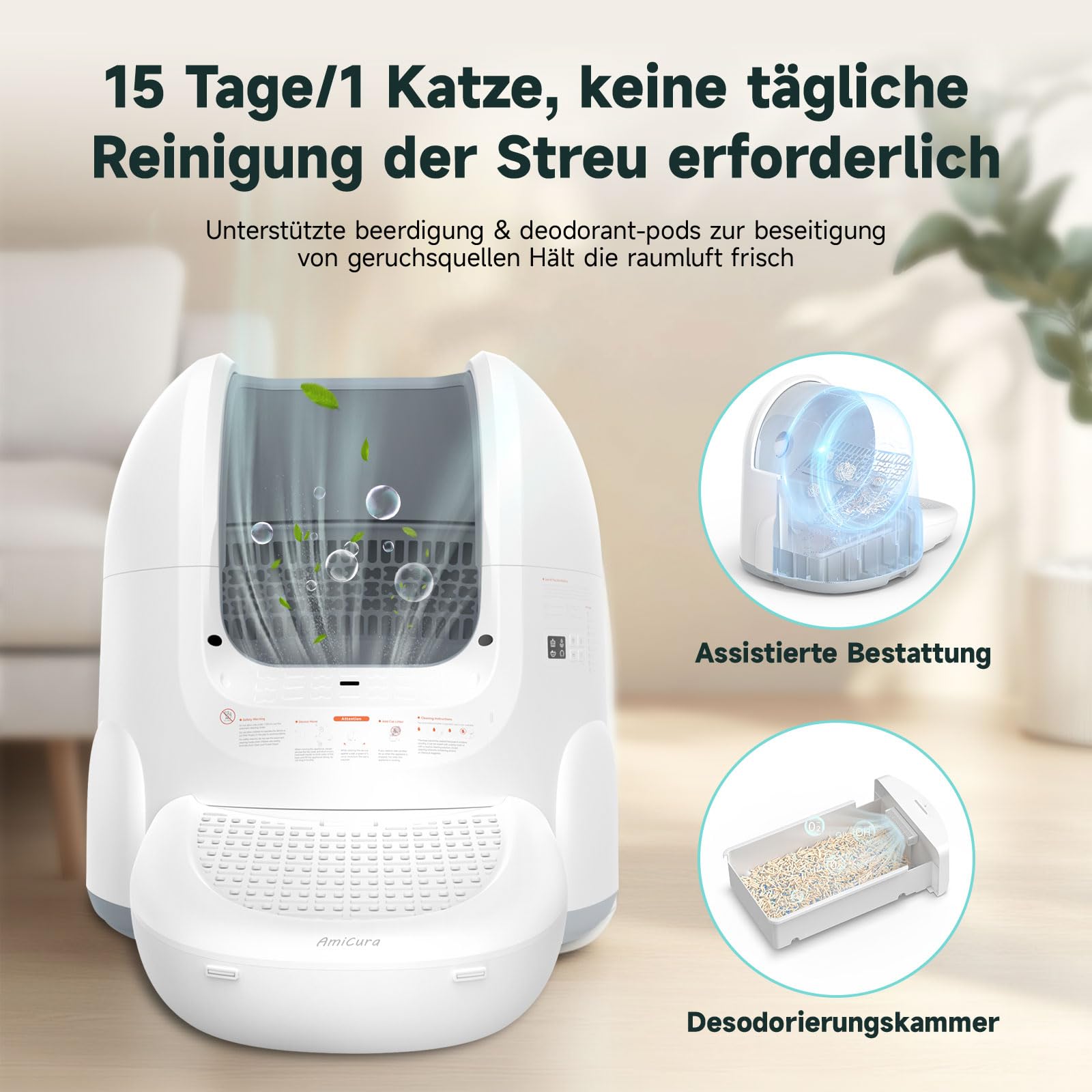 Amicura Cura2 Lettiera Autopulente Con Apertura Ampla, Controllo App, Senza Odore, Autopulente, Rilevamento A 360 Gradi, Grande Capacità Per Gatti/Gatti Anziani