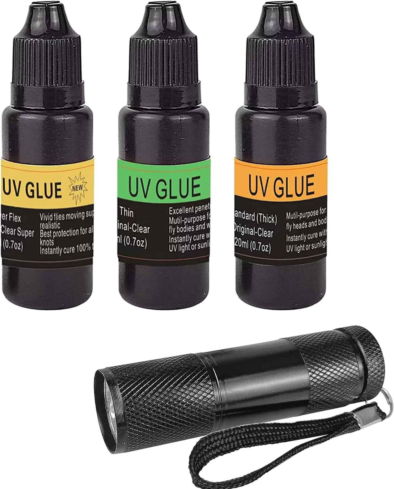 Fly Tying UV Resin Three Formula Thick,Thin and Super Flex Fly Tying Head Cement Fly Tying Glue for Building Flies Heads Bodies and Wings and Gluing Eyes