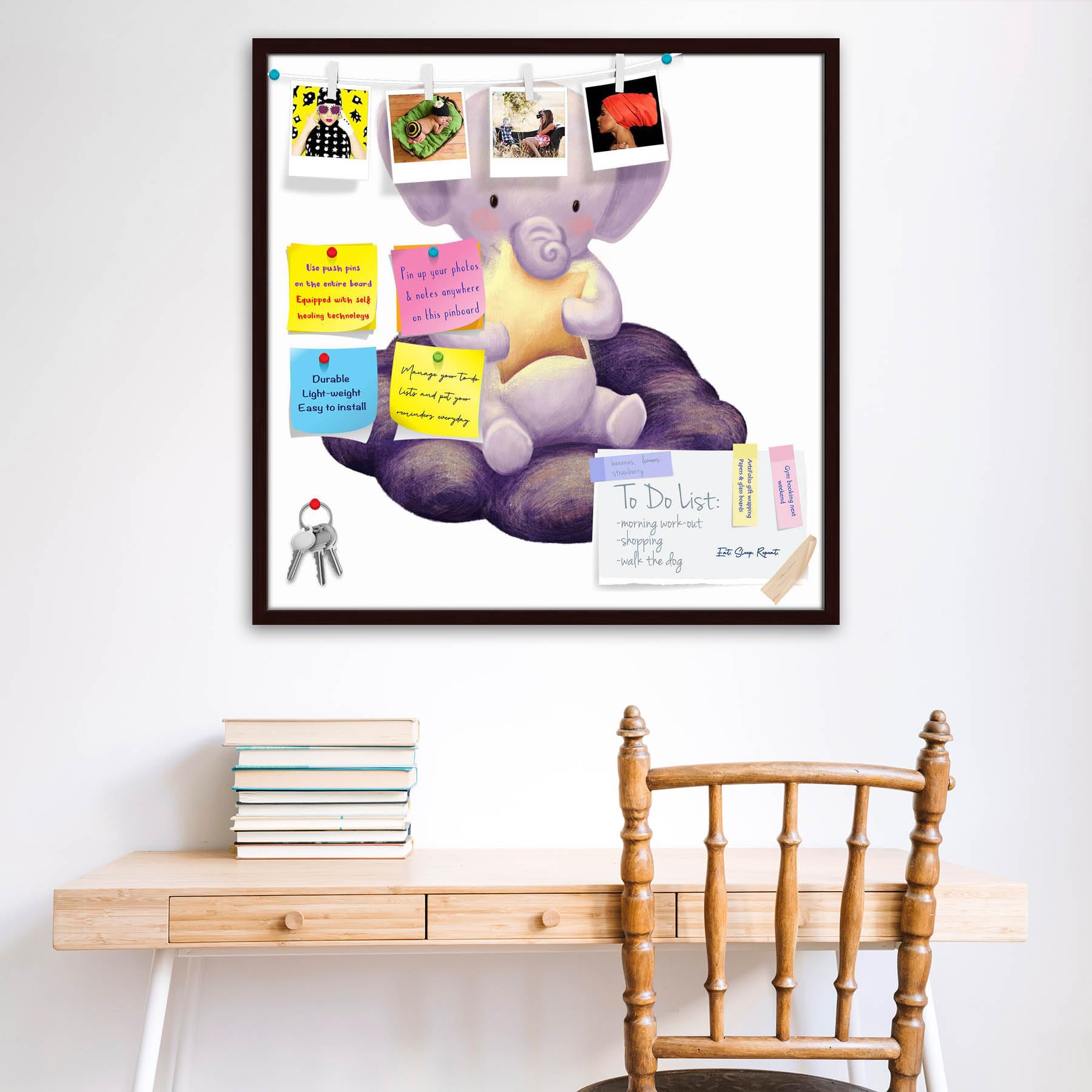 ArtzFolio Elephant Seat on Cloud | Bulletin Board Notice Pin Board | Vision Soft Board Combo with Thumb Push Pins & Sticky Notes | Dark Brown Frame | 12 x 12 inch (30 x 30 cms)